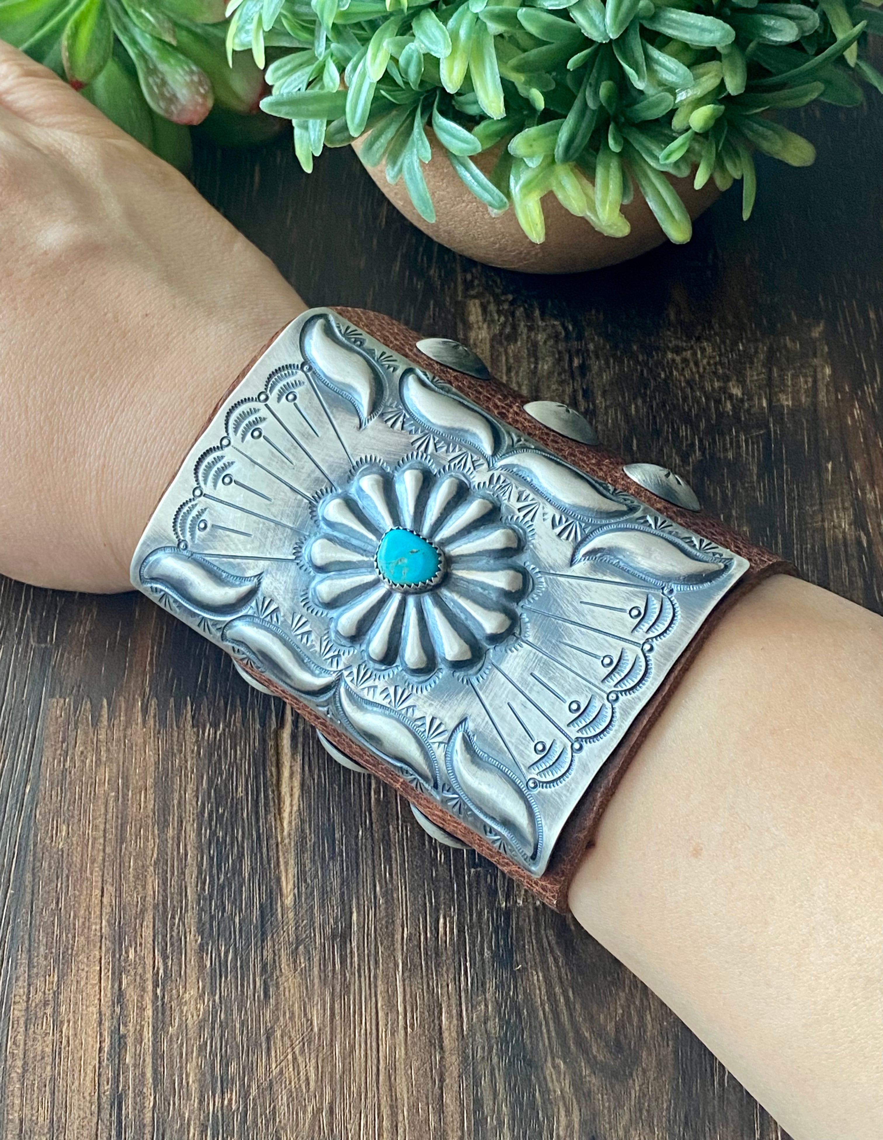 Navajo Made Kingman Turquoise & Sterling Silver Leather Bracelet