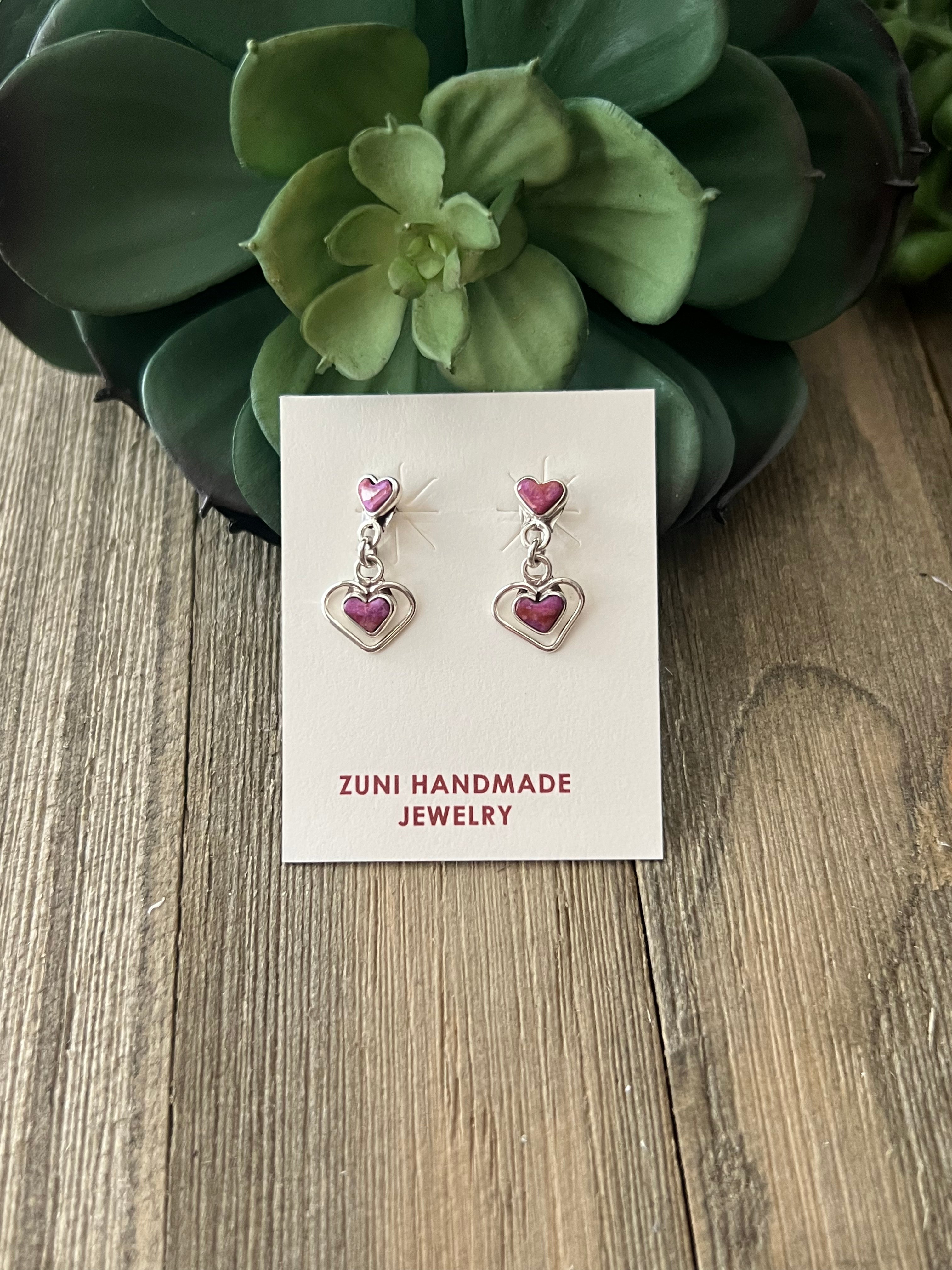 Zuni Made Sugilic & Sterling Silver Post Heart Dangle Earrings