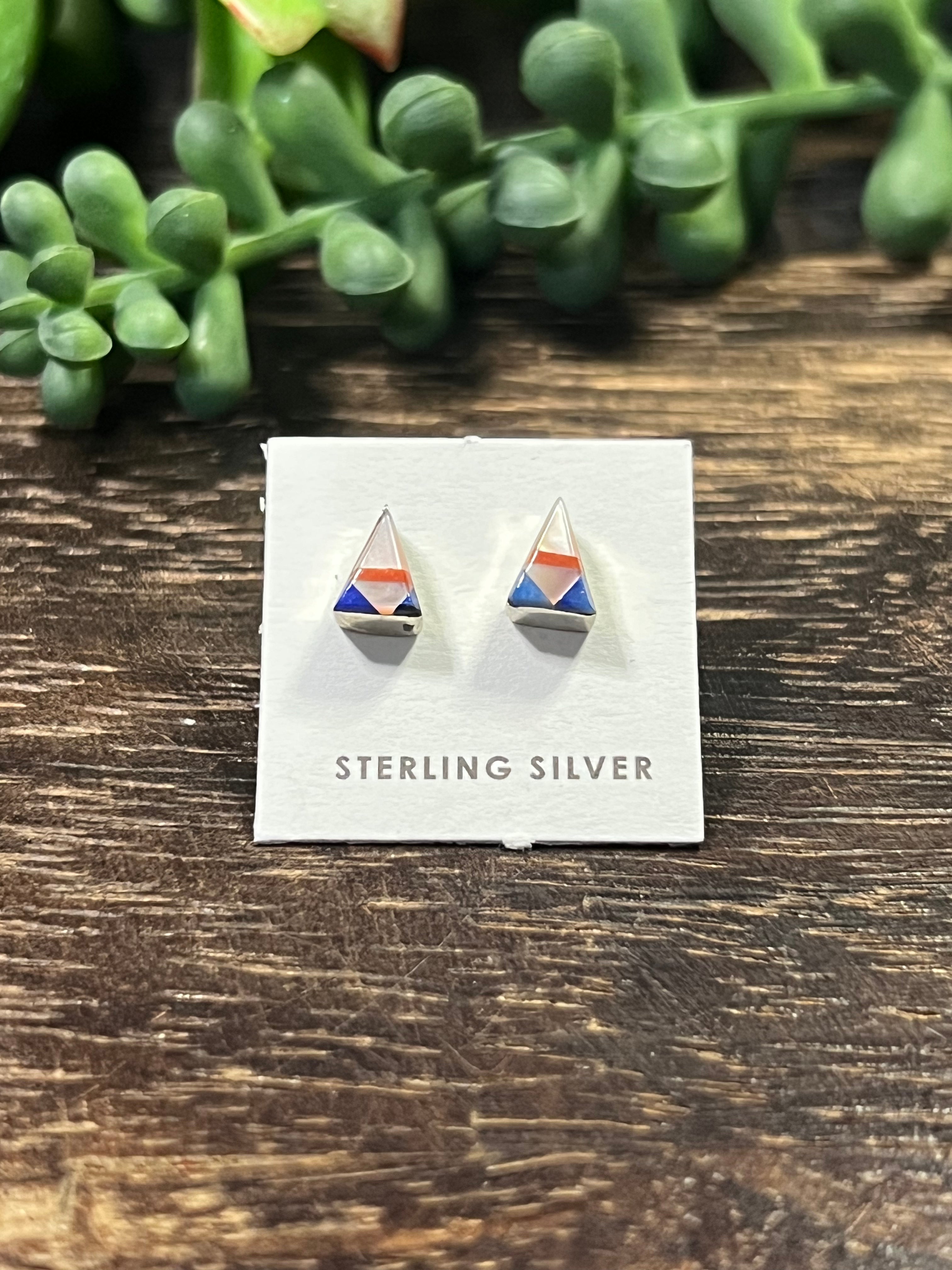 Zuni Made Multi Stone & Sterling Silver Triangle Post Earrings