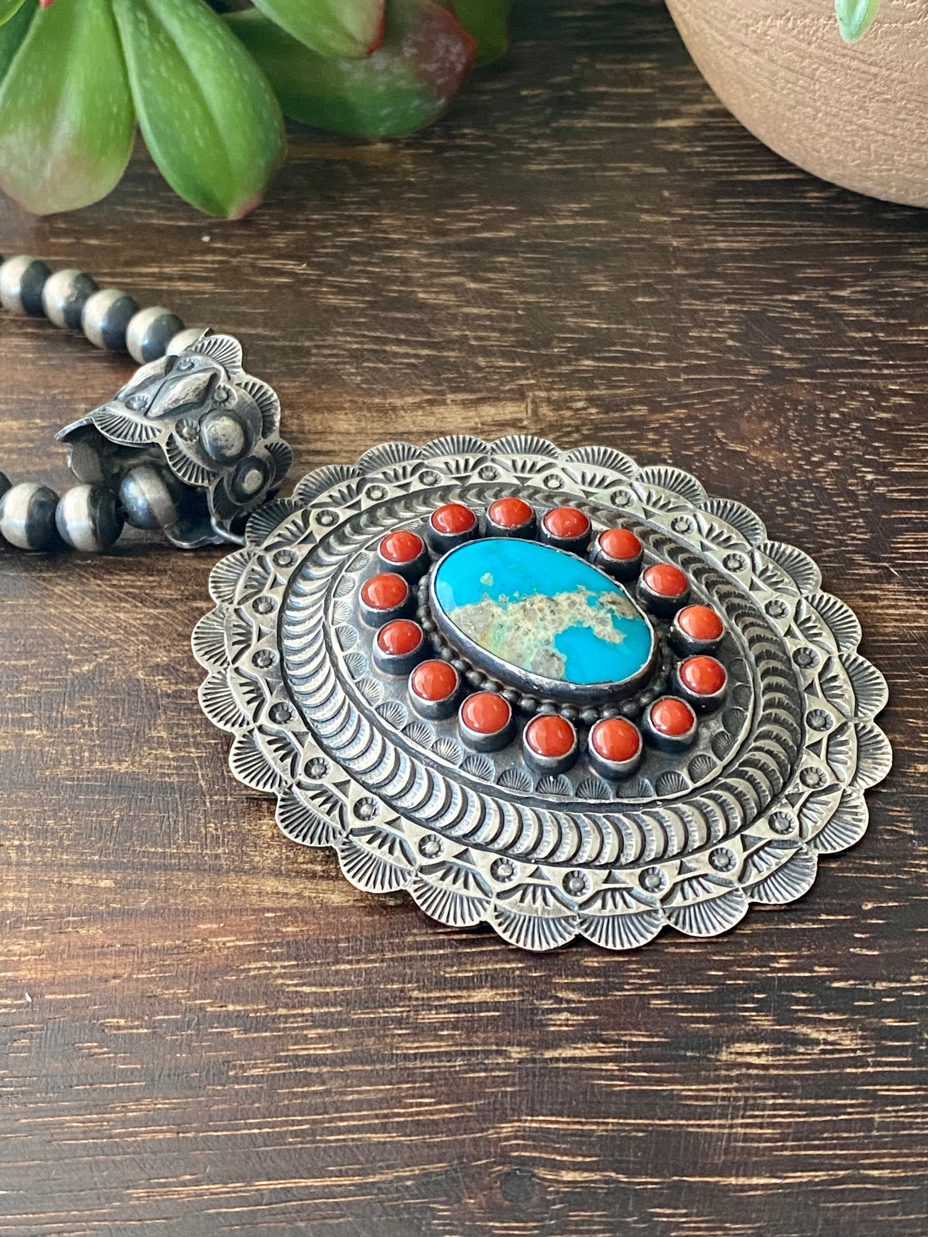 Shawn Cayatineto Kingman Turquoise & Coral Sterling Silver Pendant