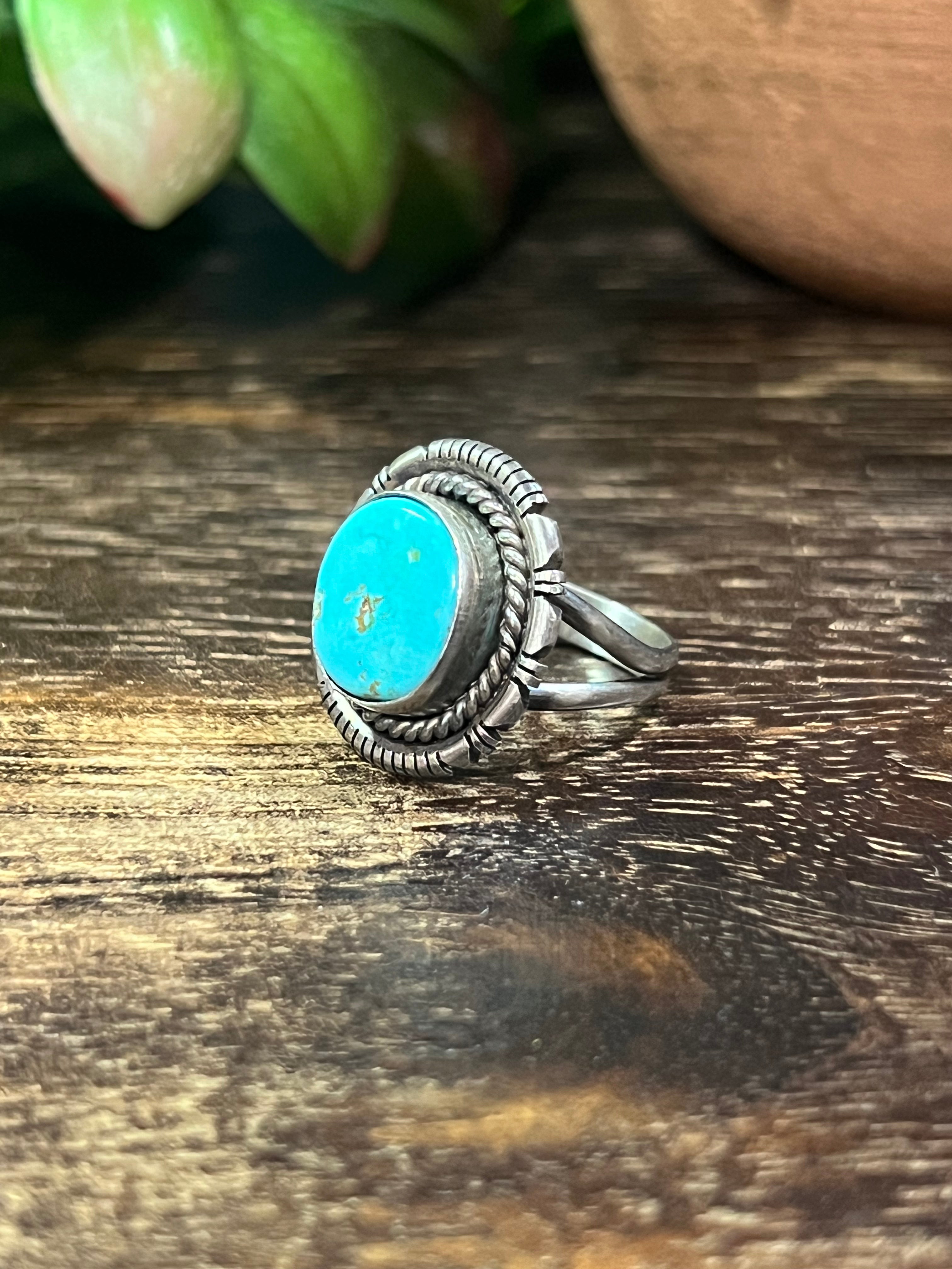 Navajo Made Kingman Turquoise & Sterling Silver Ring Size 8