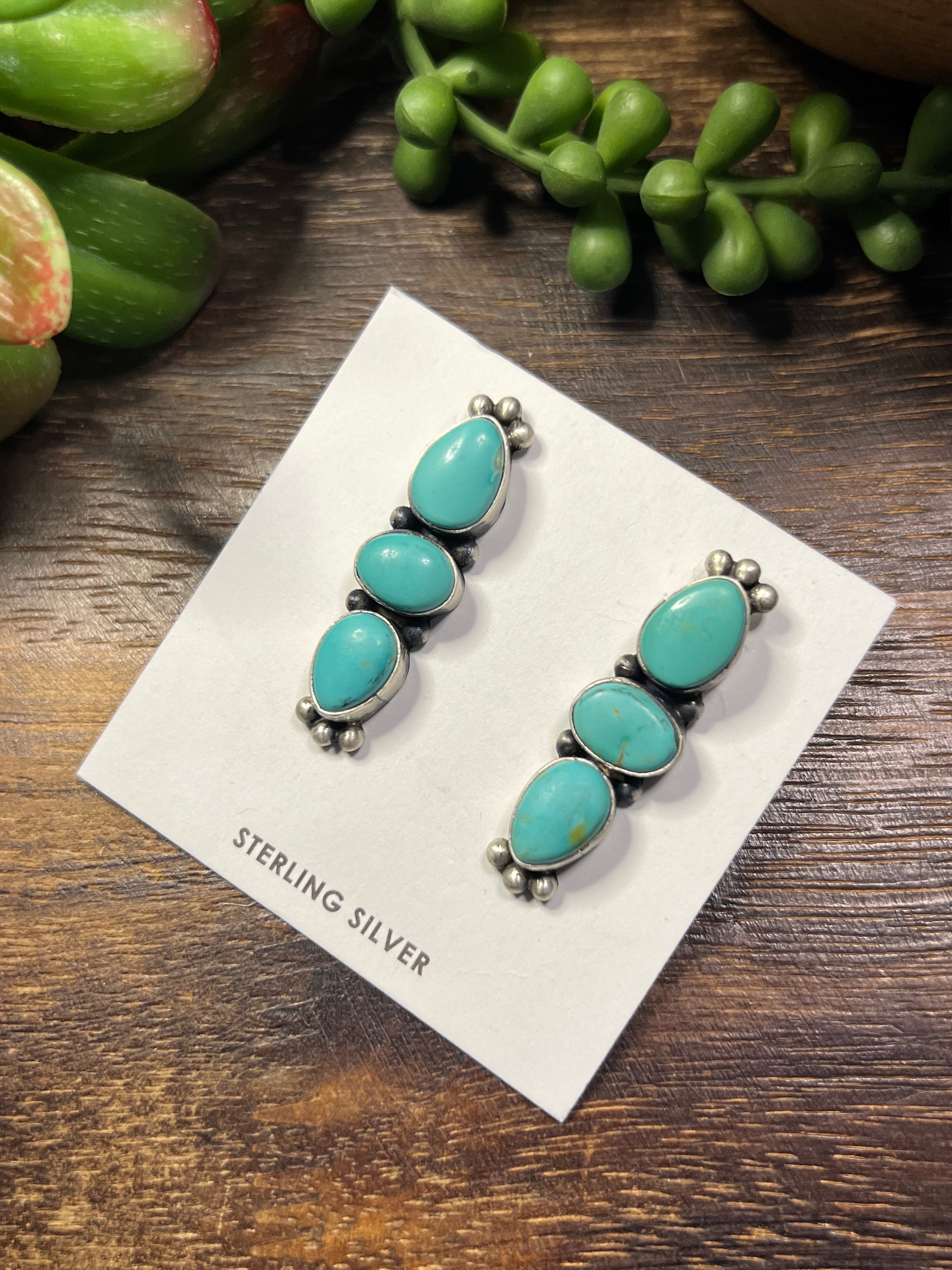 Navajo Made Royston Turquoise & Sterling Silver Post Dangle Earrings