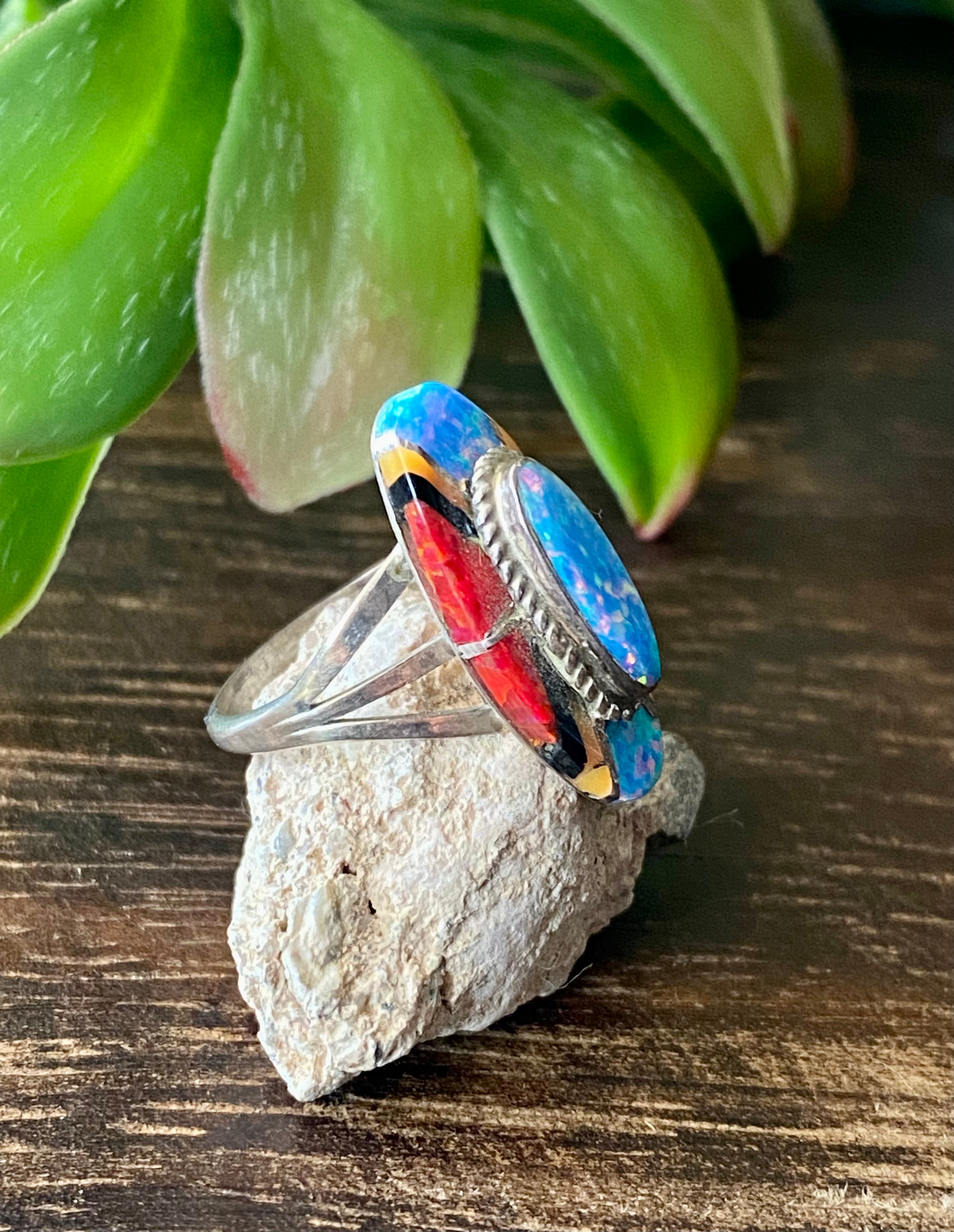 Navajo Made Multi Stone & Sterling Silver Inlay Ring Size 4.75