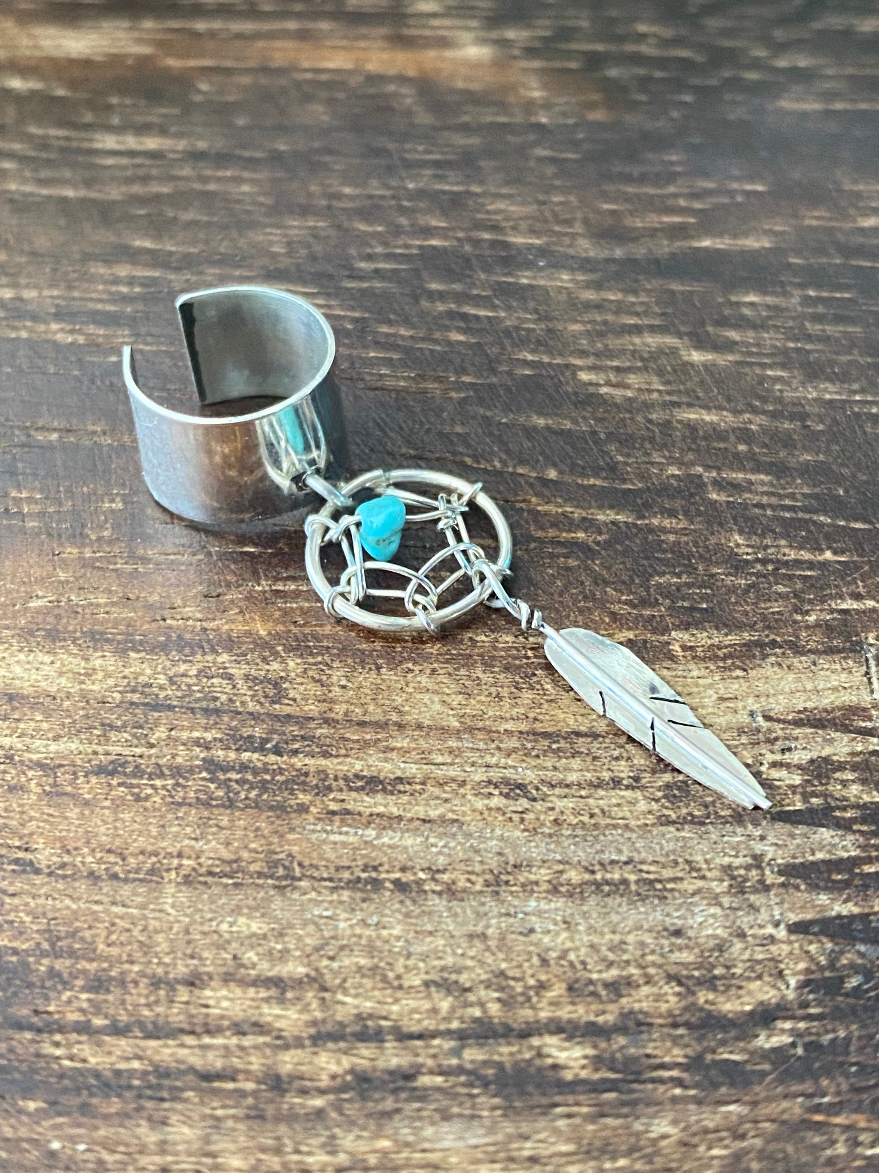 Navajo Made Turquoise & Sterling Silver Dreamcatcher Ear Cuff Earrings