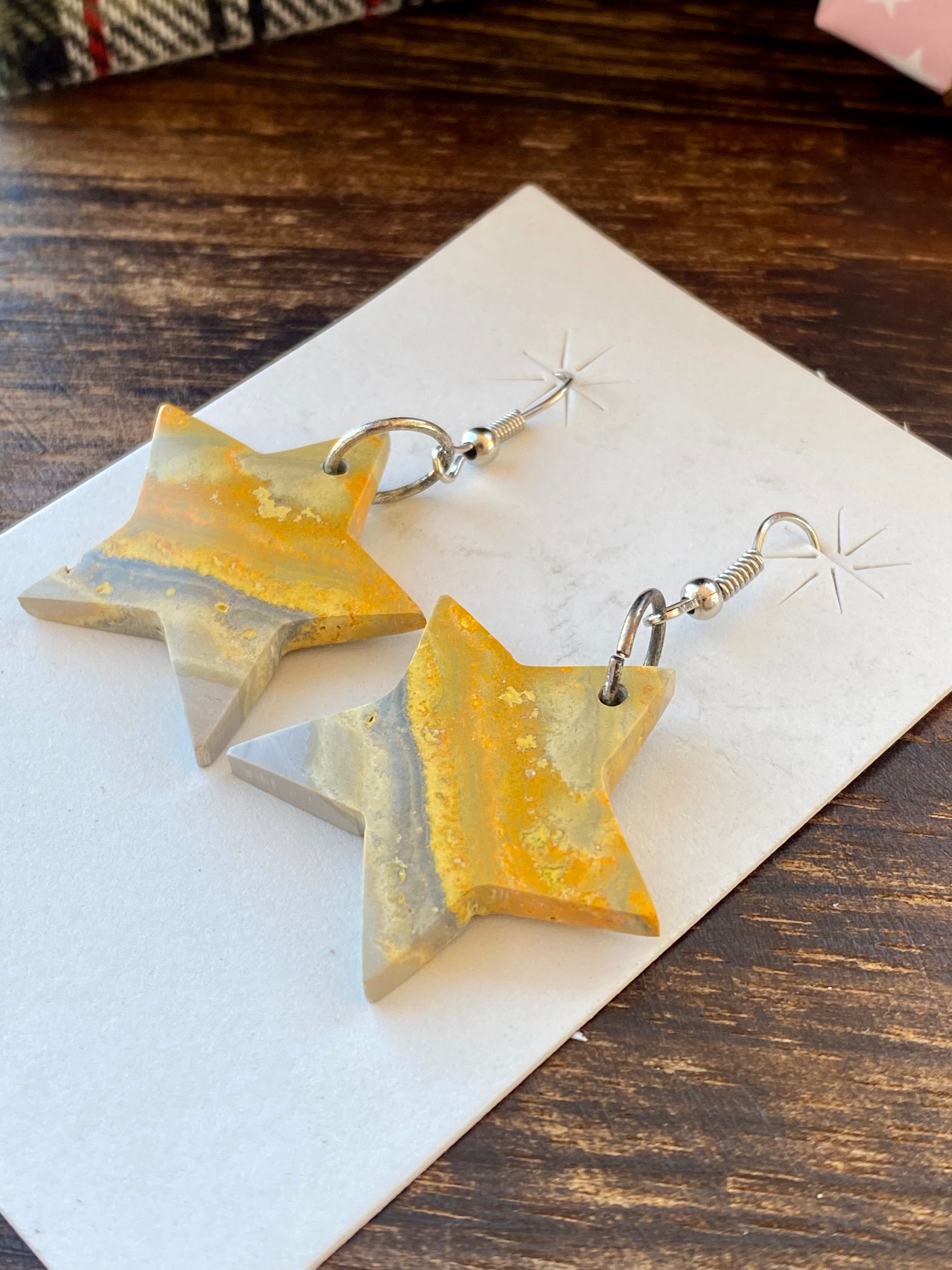 Southwest Handmade Bumblebee Jasper & Sterling Silver Star Dangle Earrings