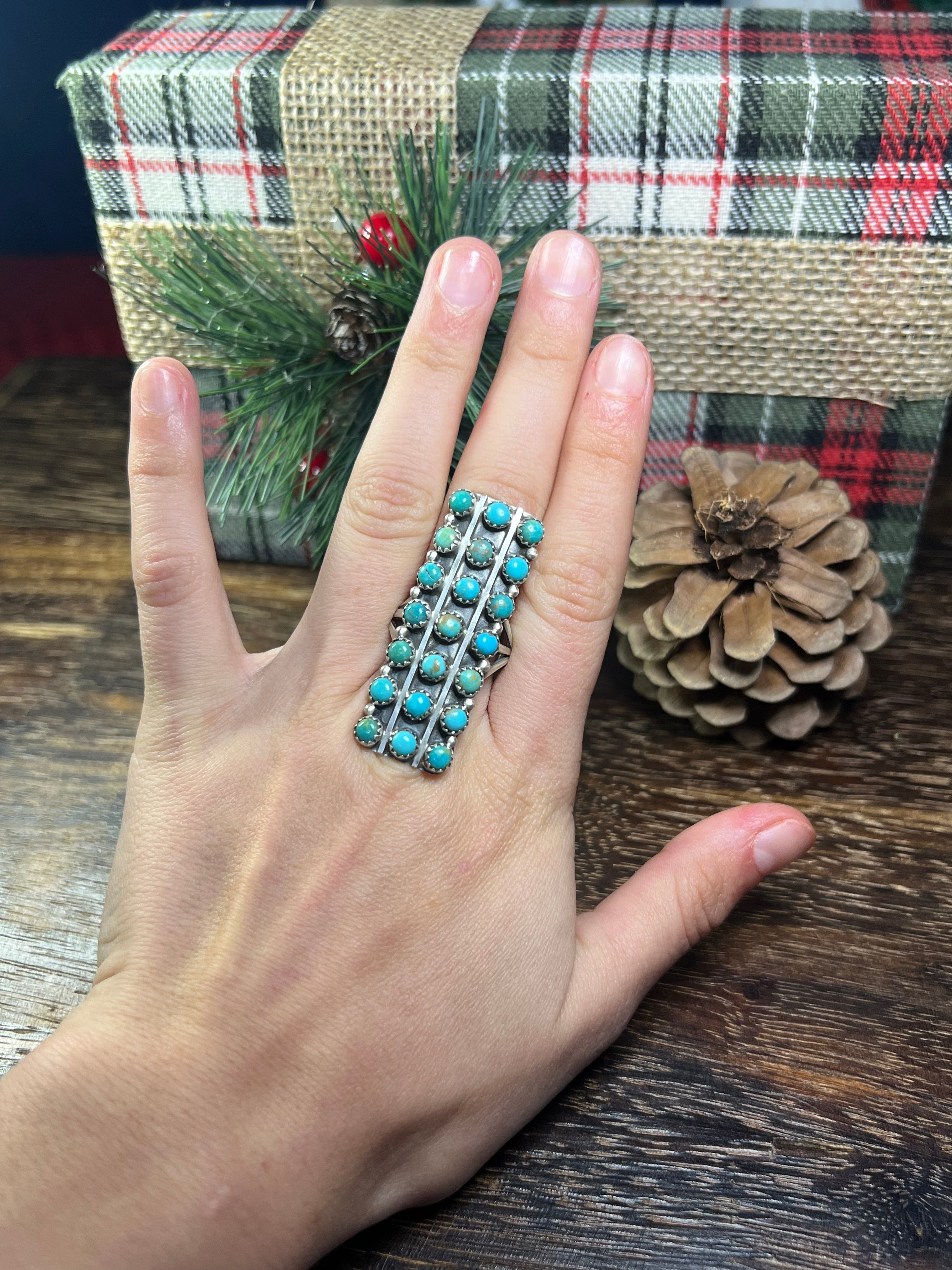 Navajo Made Kingman Turquoise & Sterling Silver Cluster Ring Size 9.5