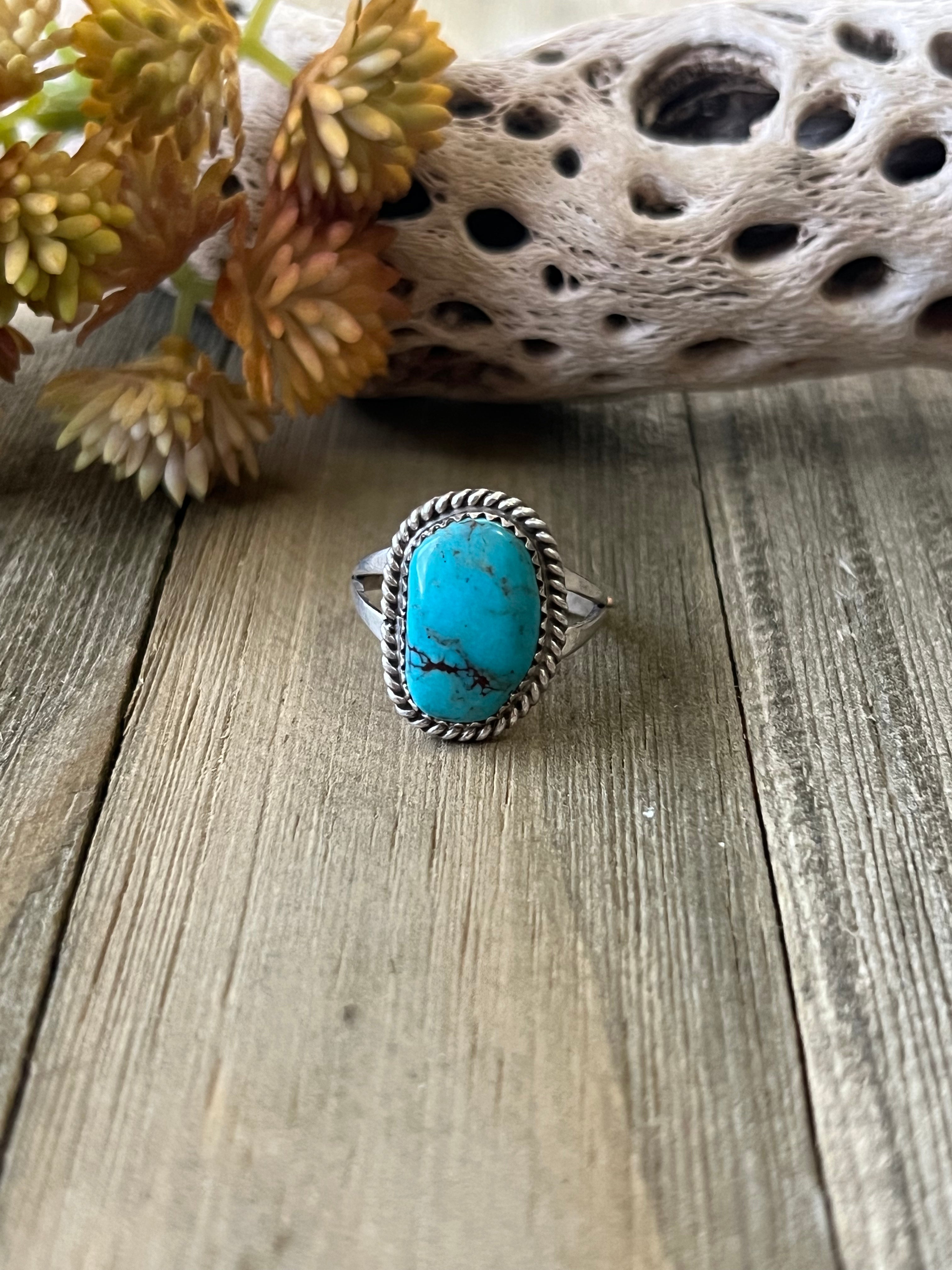 Navajo Made Kingman Turquoise & Sterling Silver Ring Size 8.75