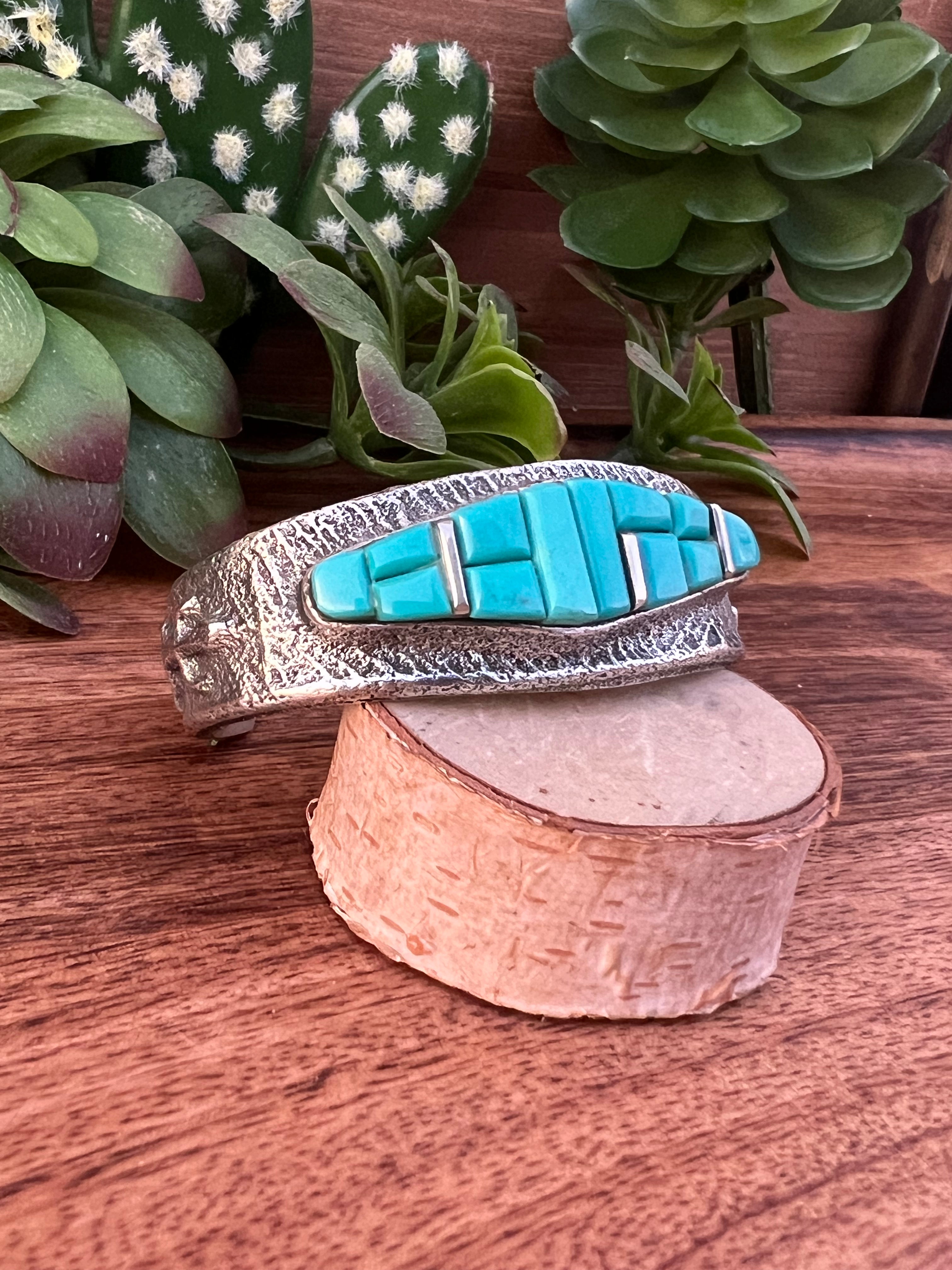 Navajo Kingman Turquoise & Sterling Silver Cobblestone Tufa Cast Cuff Bracelet