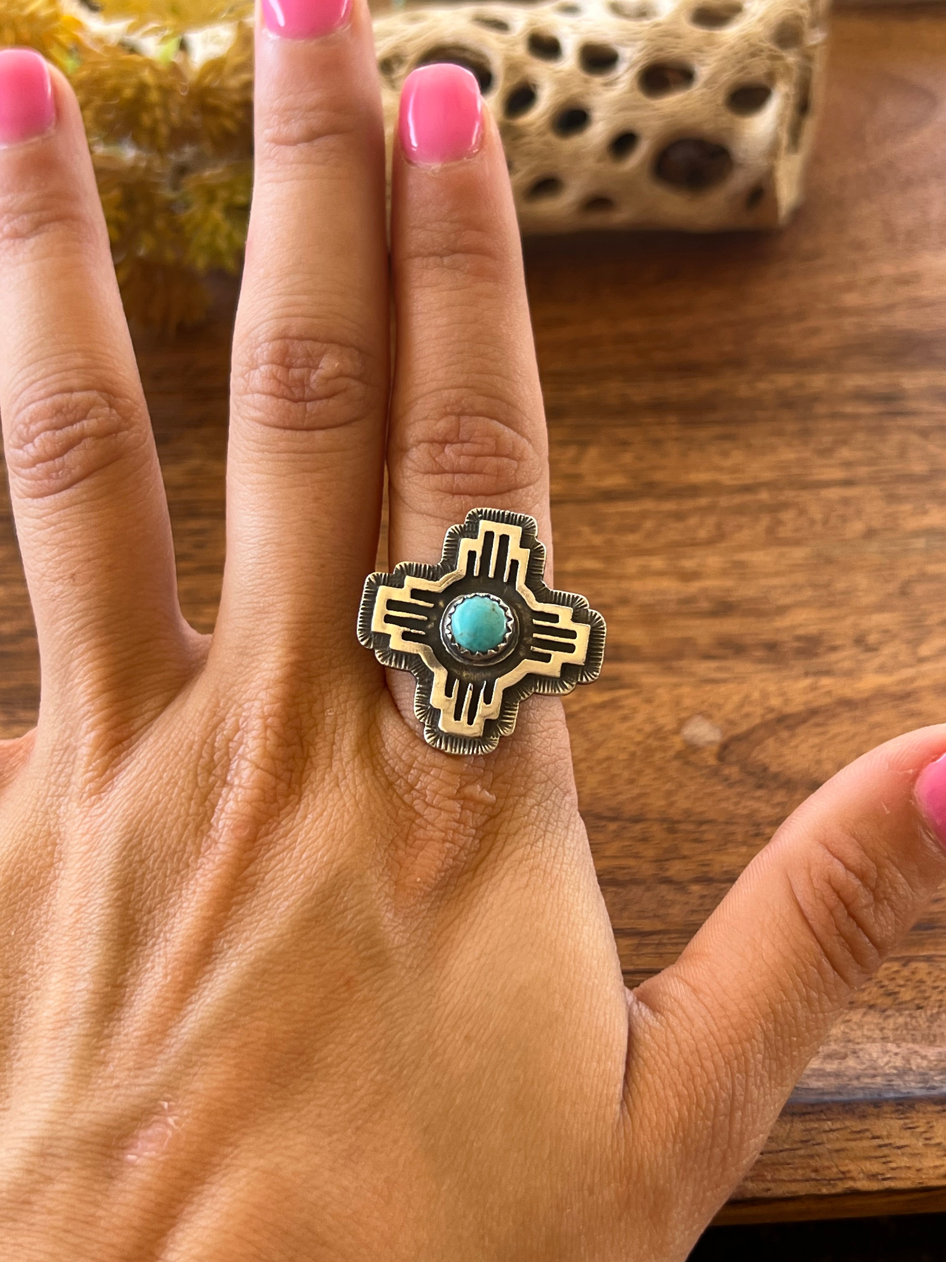 Navajo Made Kingman Turquoise & Sterling Silver Zia Ring