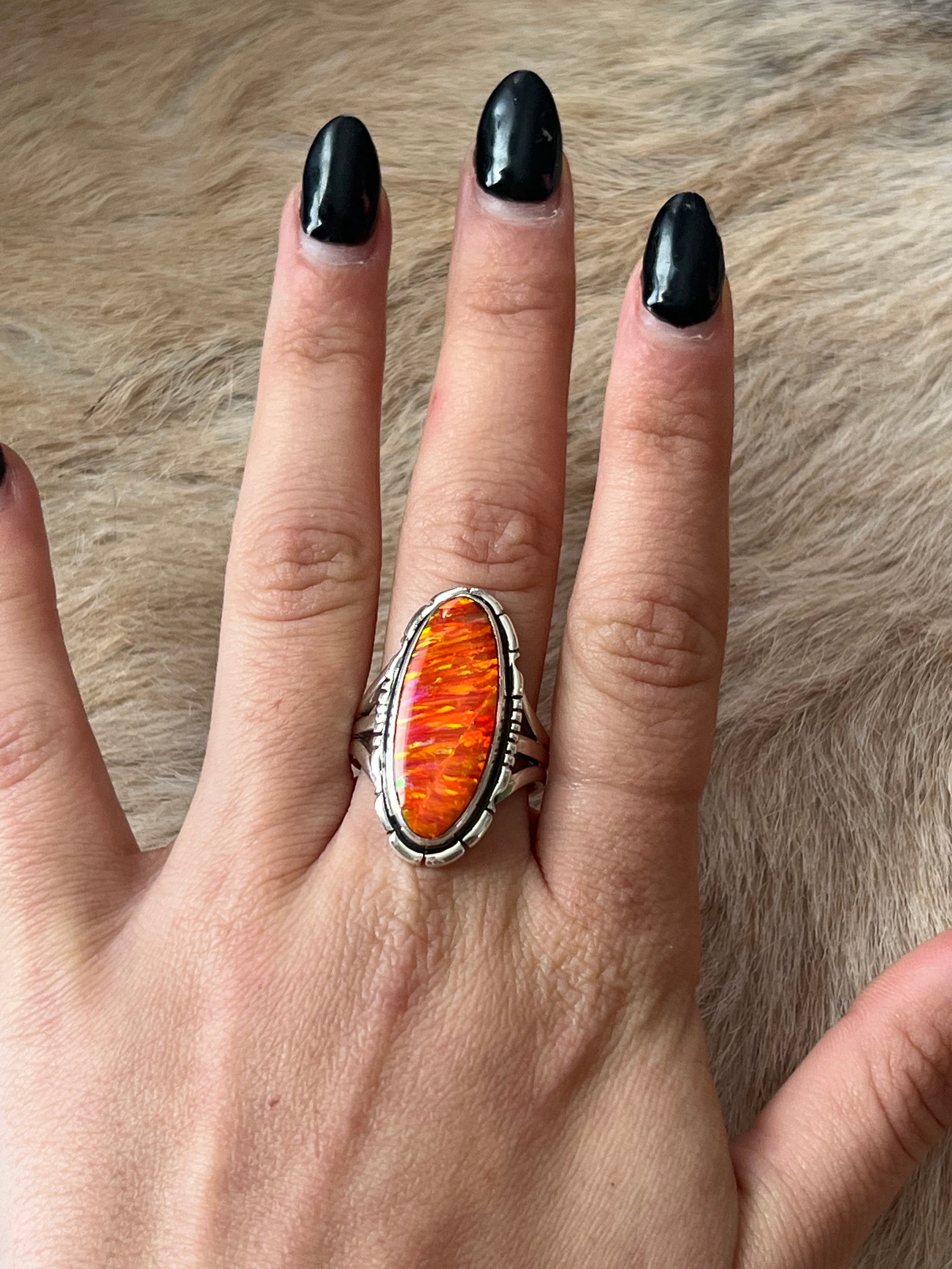 Navajo Made Orange Opal (Man Made) & Sterling Silver Ring Size 9