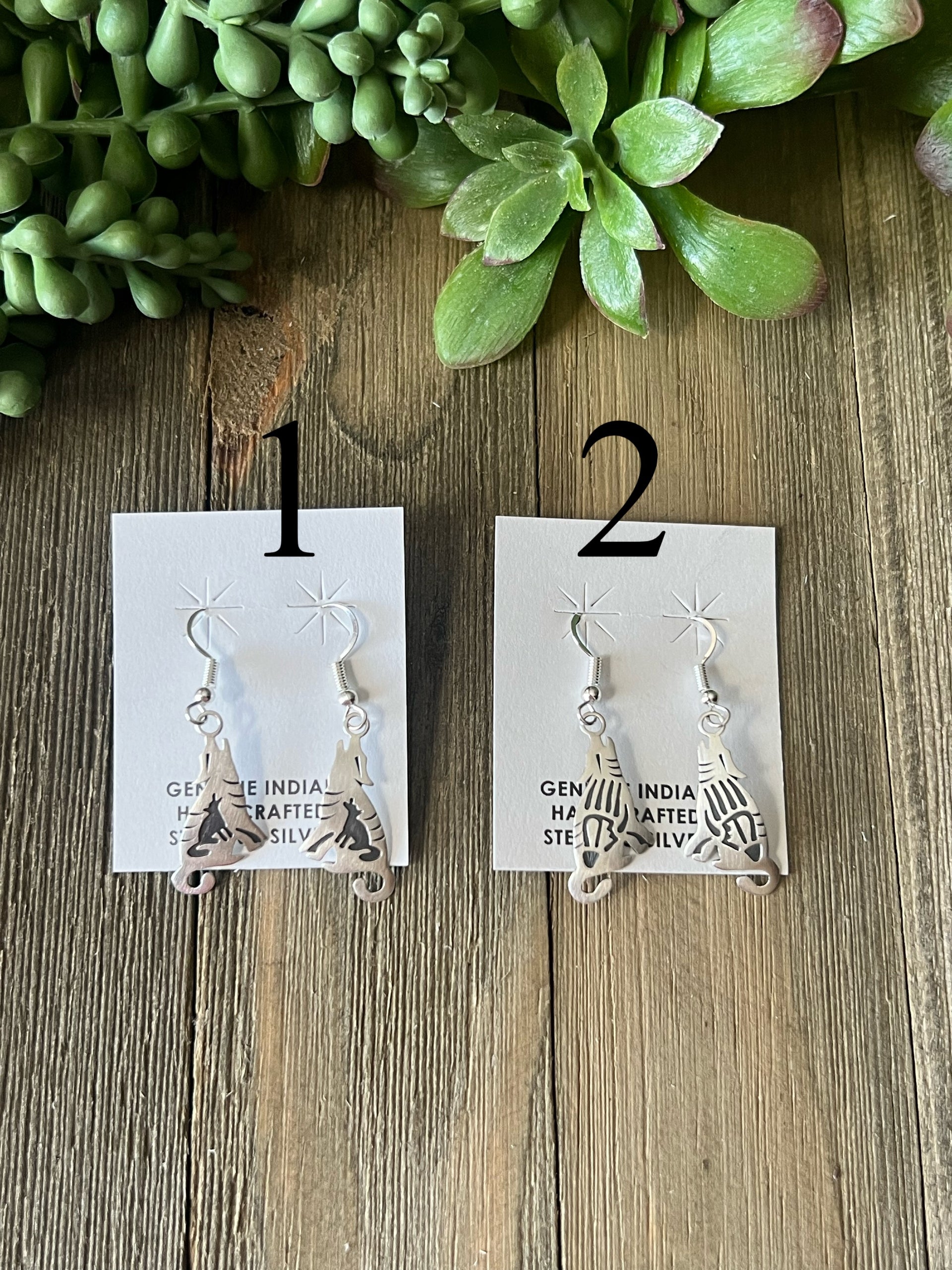 Navajo Made Sterling Silver Dangle Coyote Earrings