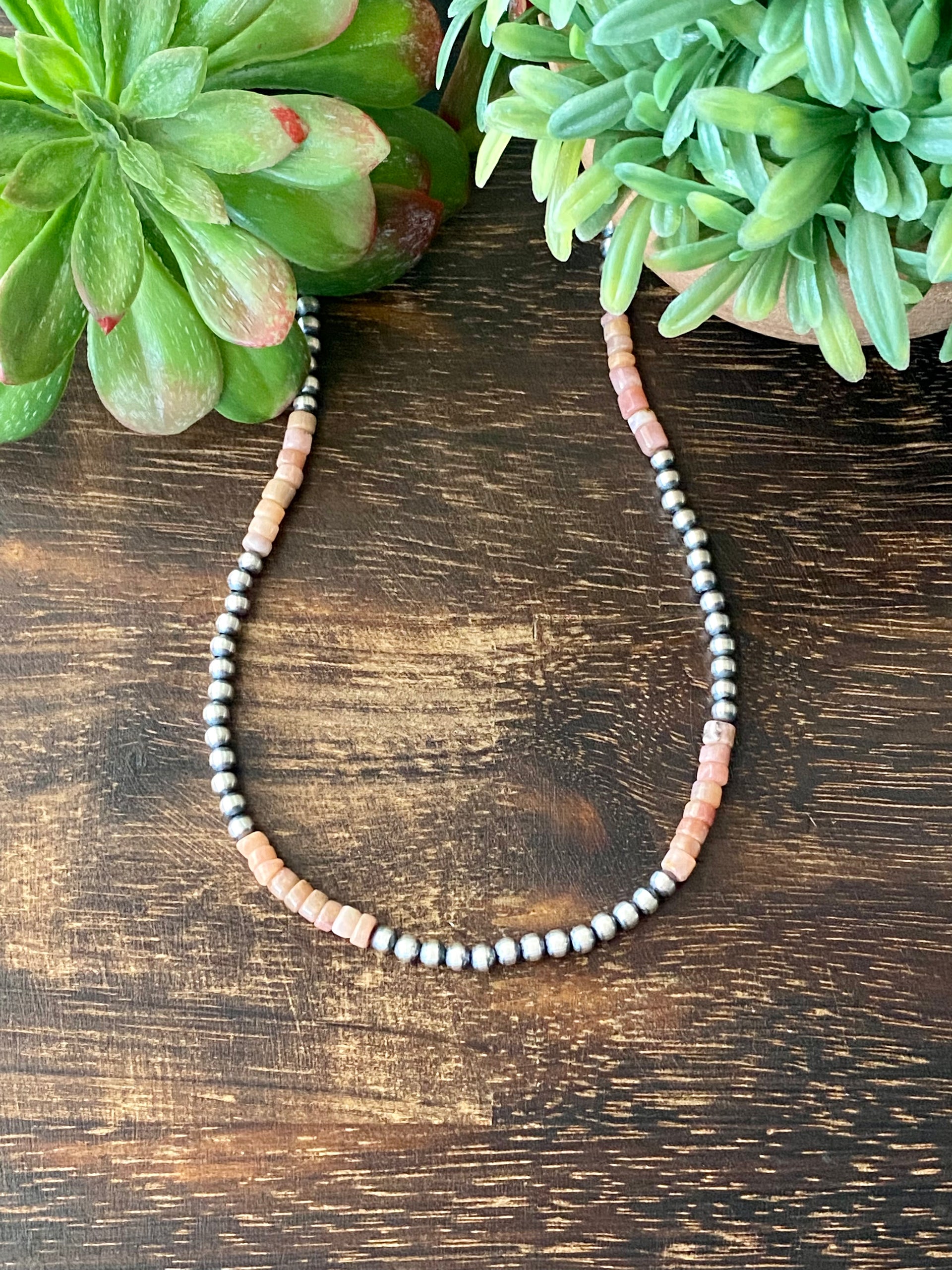 Navajo Made Pink Opal & Sterling Silver 4 MM 18 Inch Pearl Necklace