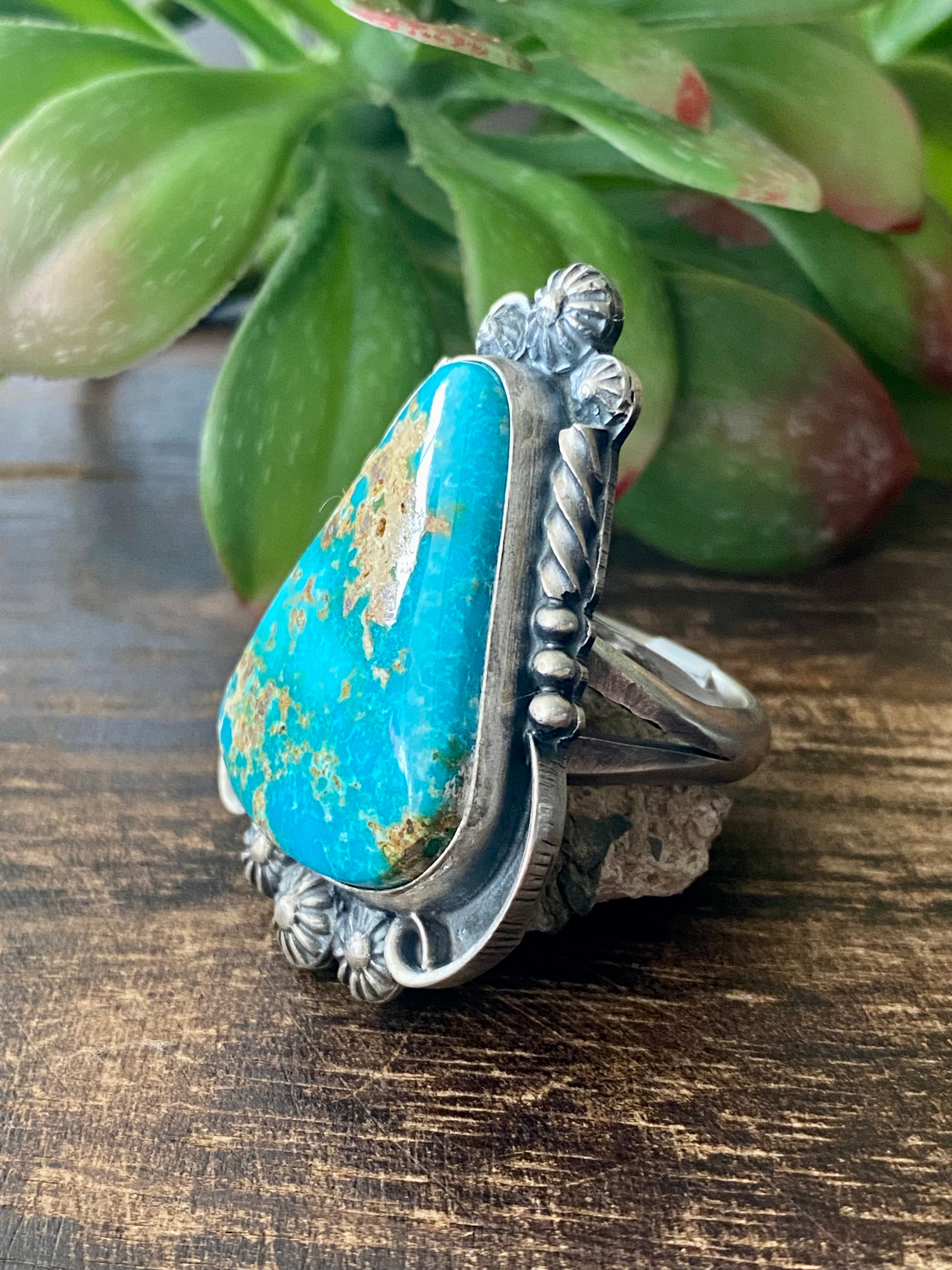 Larry Yazzie Sonoran Rose Turquoise & Sterling Silver Adjustable Ring Size 11