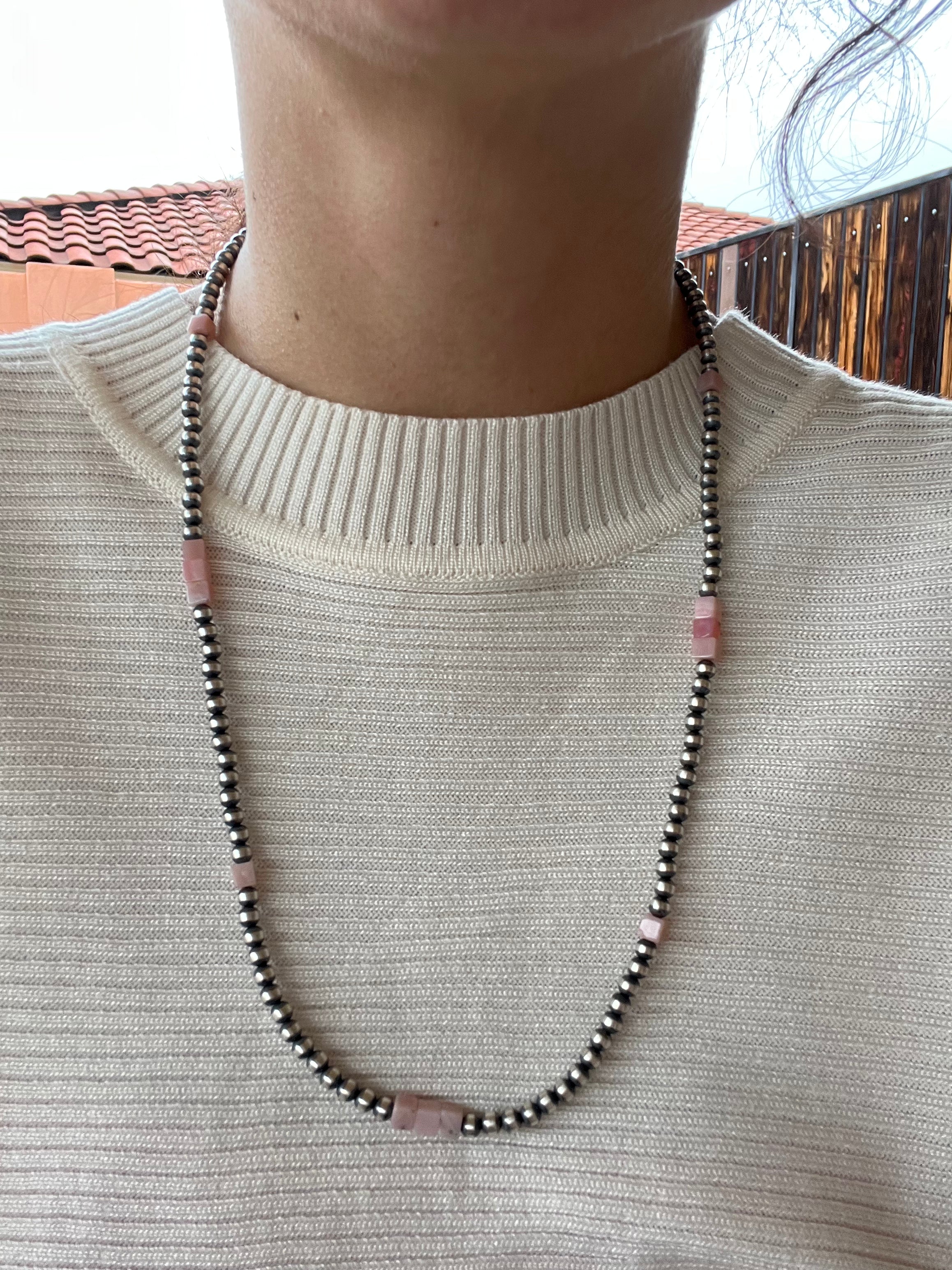 Navajo Made Pink Coral & Sterling Silver 4 MM 22 Inch Pearl Necklace