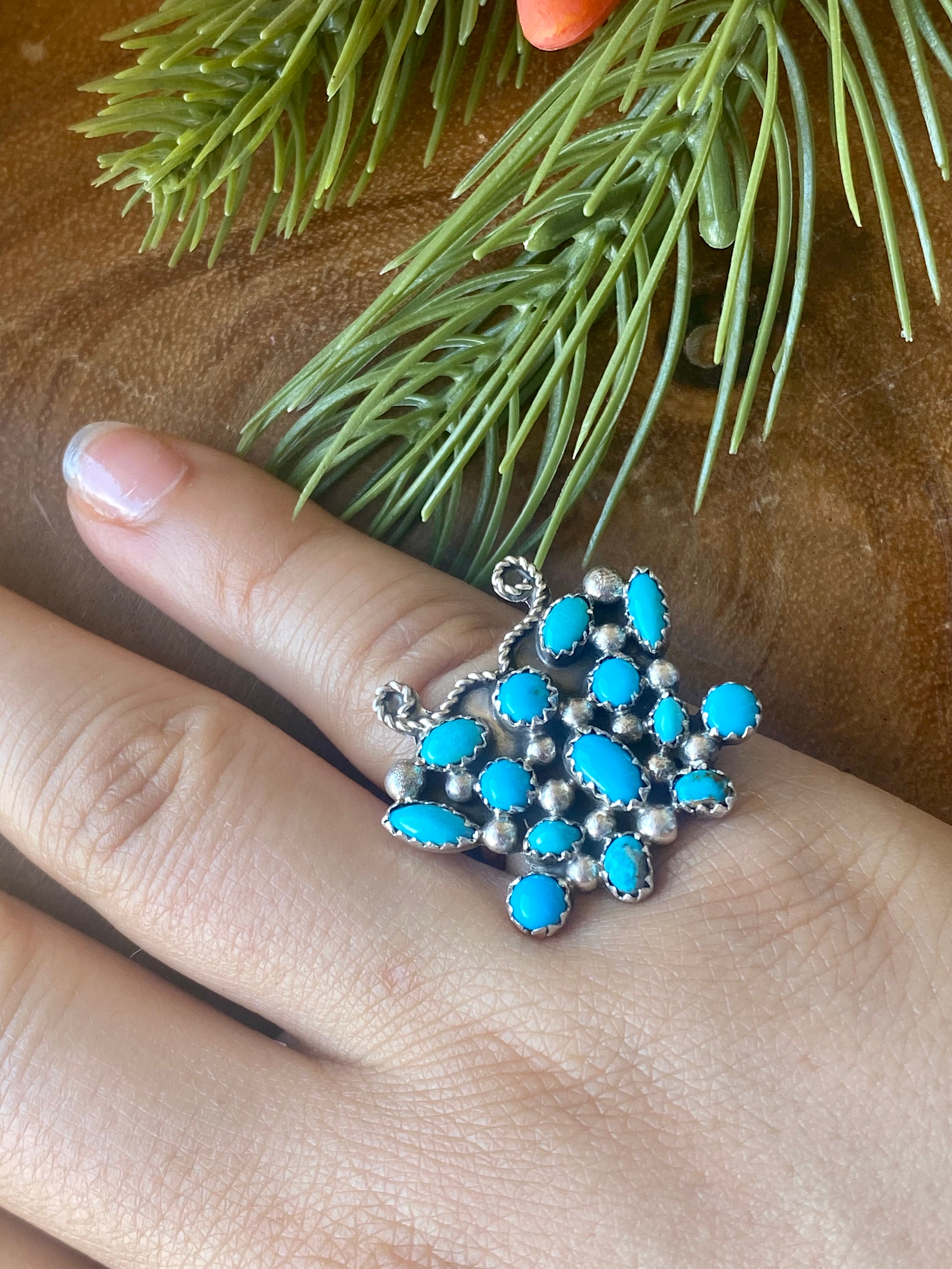 Navajo Kingman Turquoise & Sterling Silver Butterfly Cluster Ring Size 7