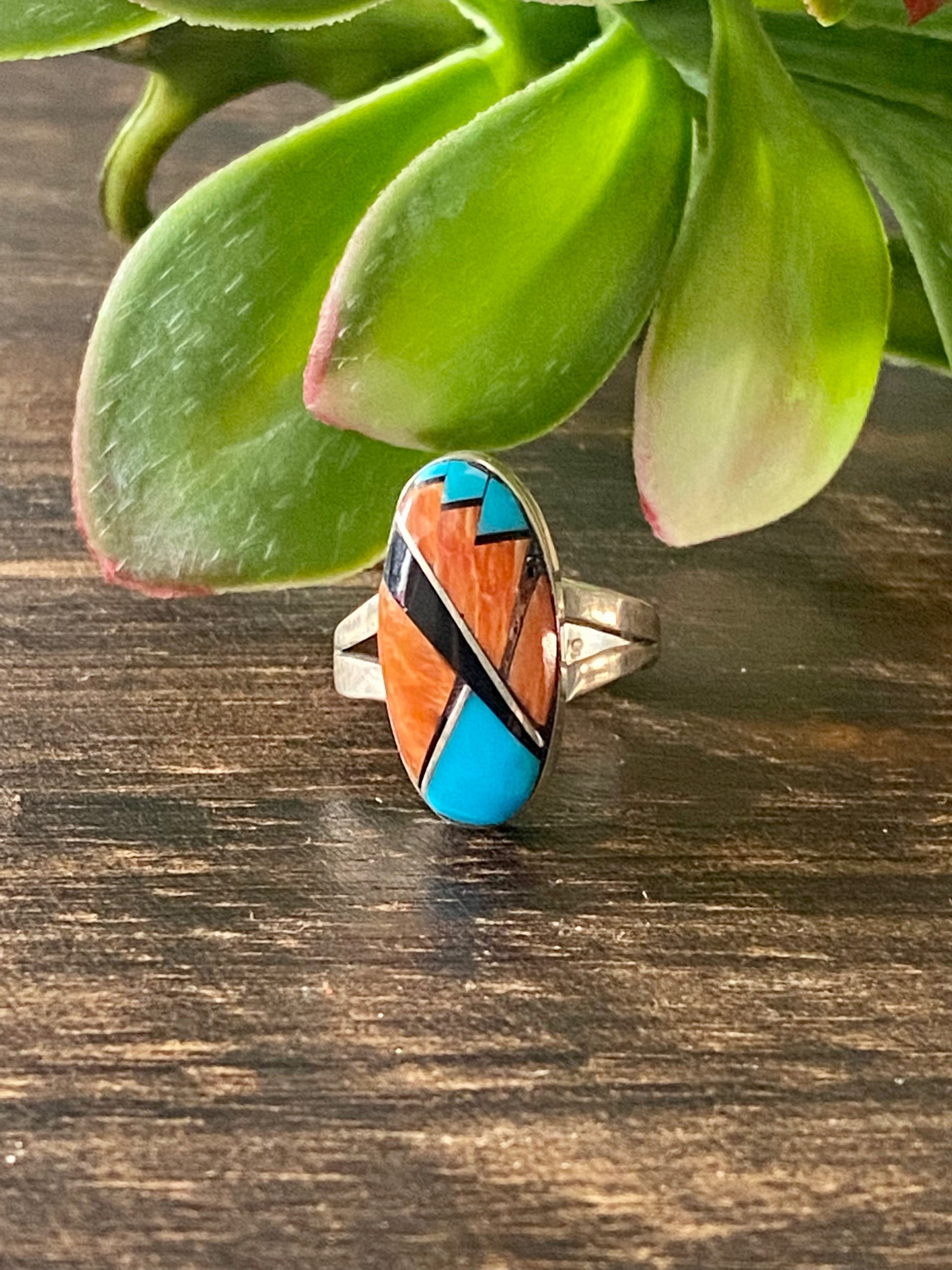 Navajo Made Multi Stone & Sterling Silver Inlay Ring Size 6