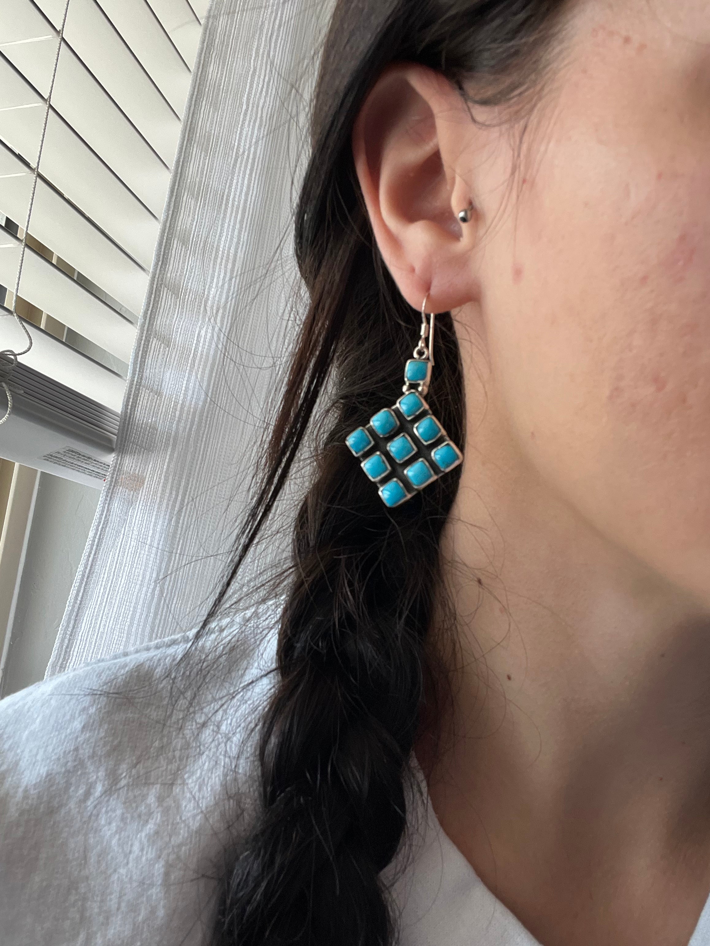 Navajo Made Kingman Turquoise & Sterling Silver Dangle Earrings