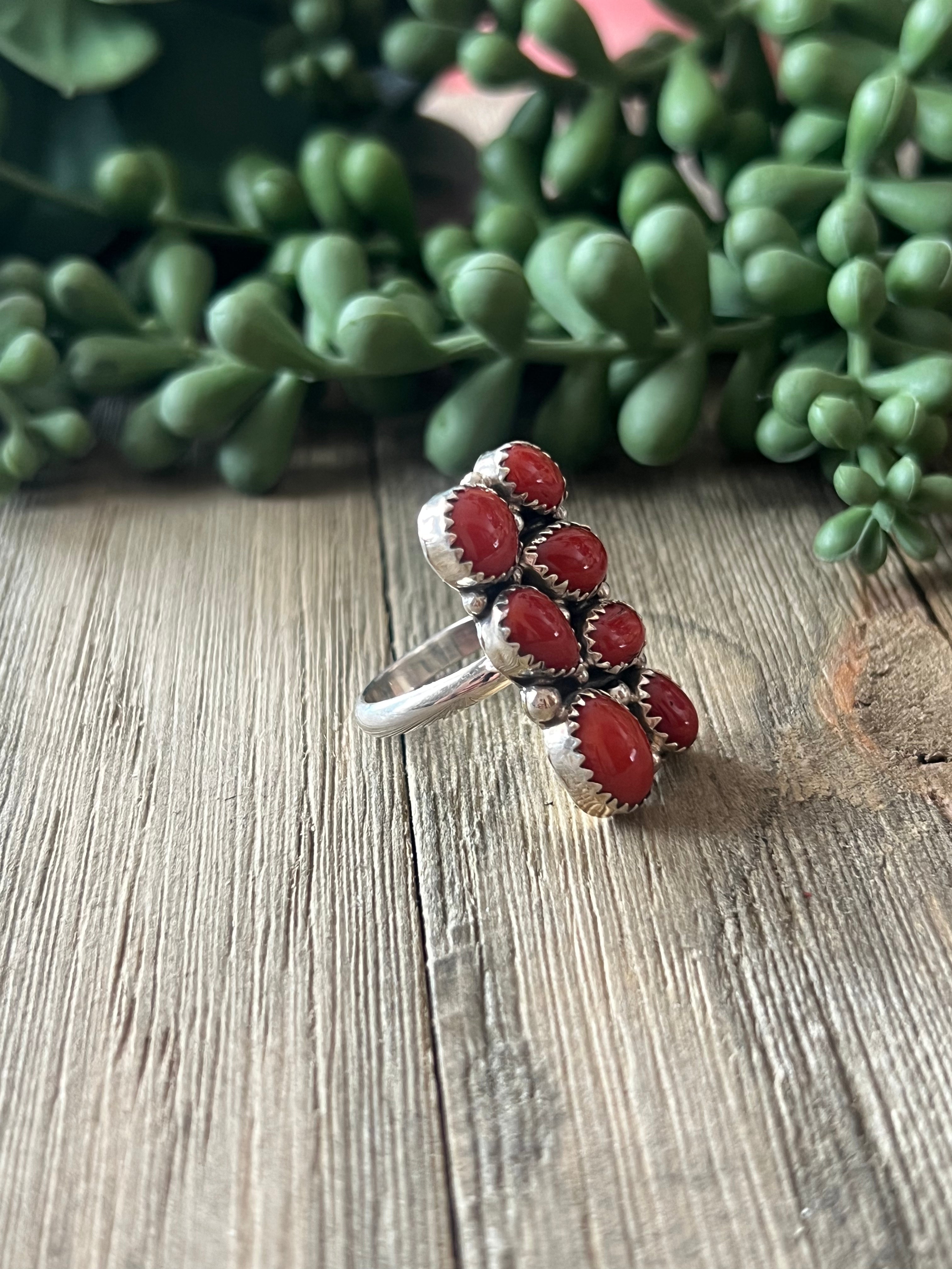 Navajo Made Mediterranean Coral & Sterling Silver Cluster Ring