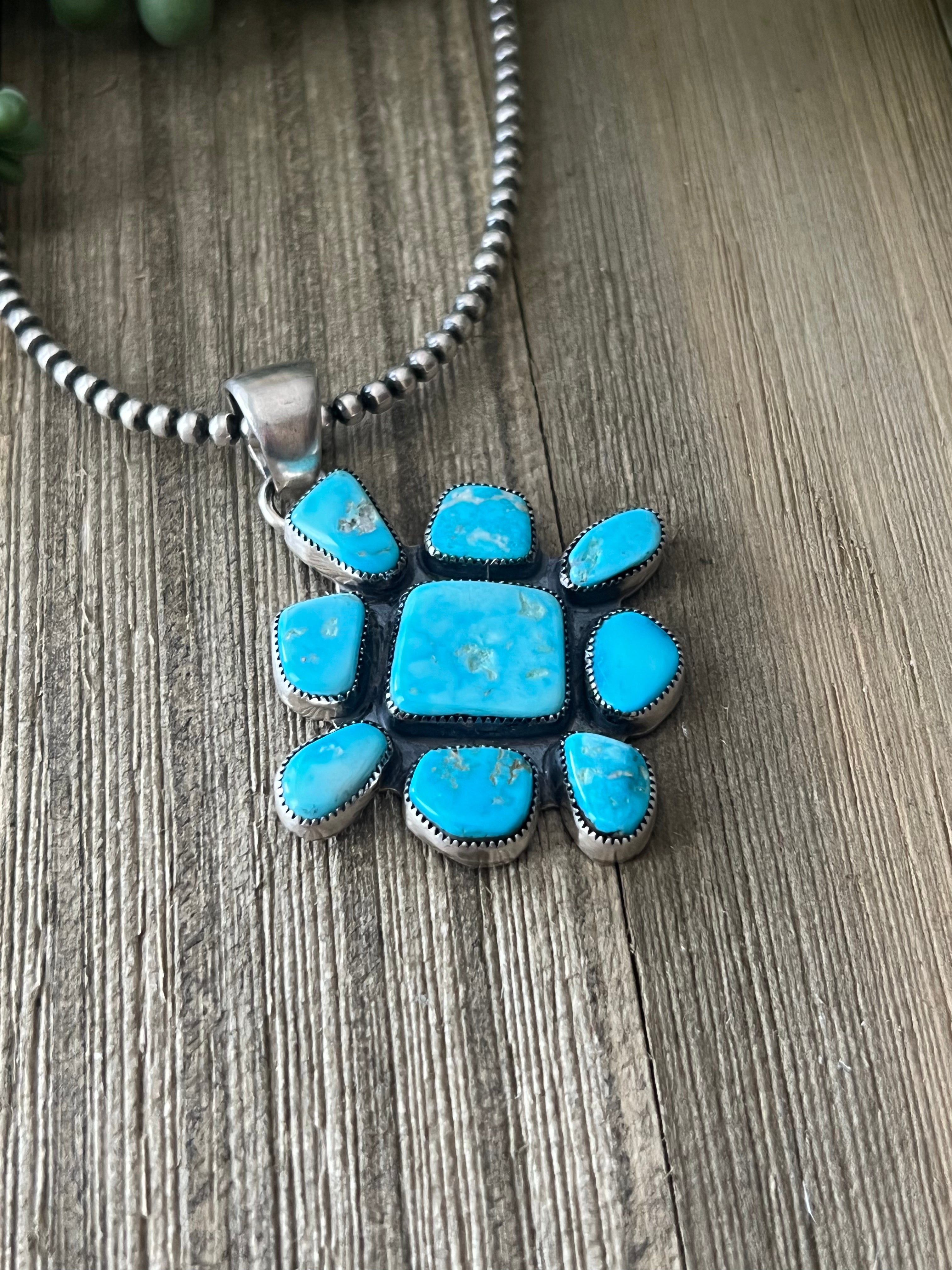 Navajo Made Kingman Turquoise & Sterling Silver Cluster Pendant