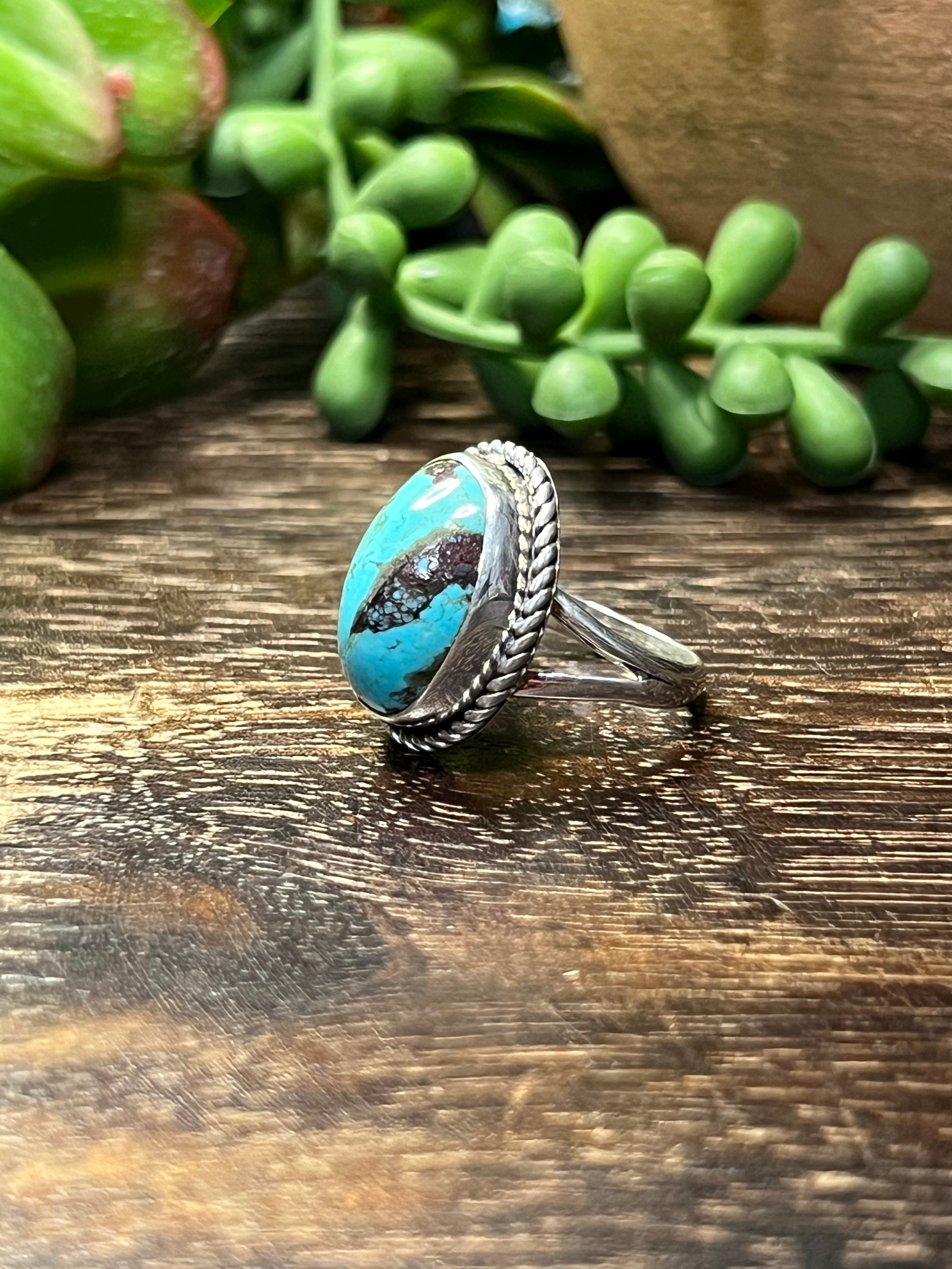 Eli Skeets Kingman Turquoise & Sterling Silver Ring Size 7.25