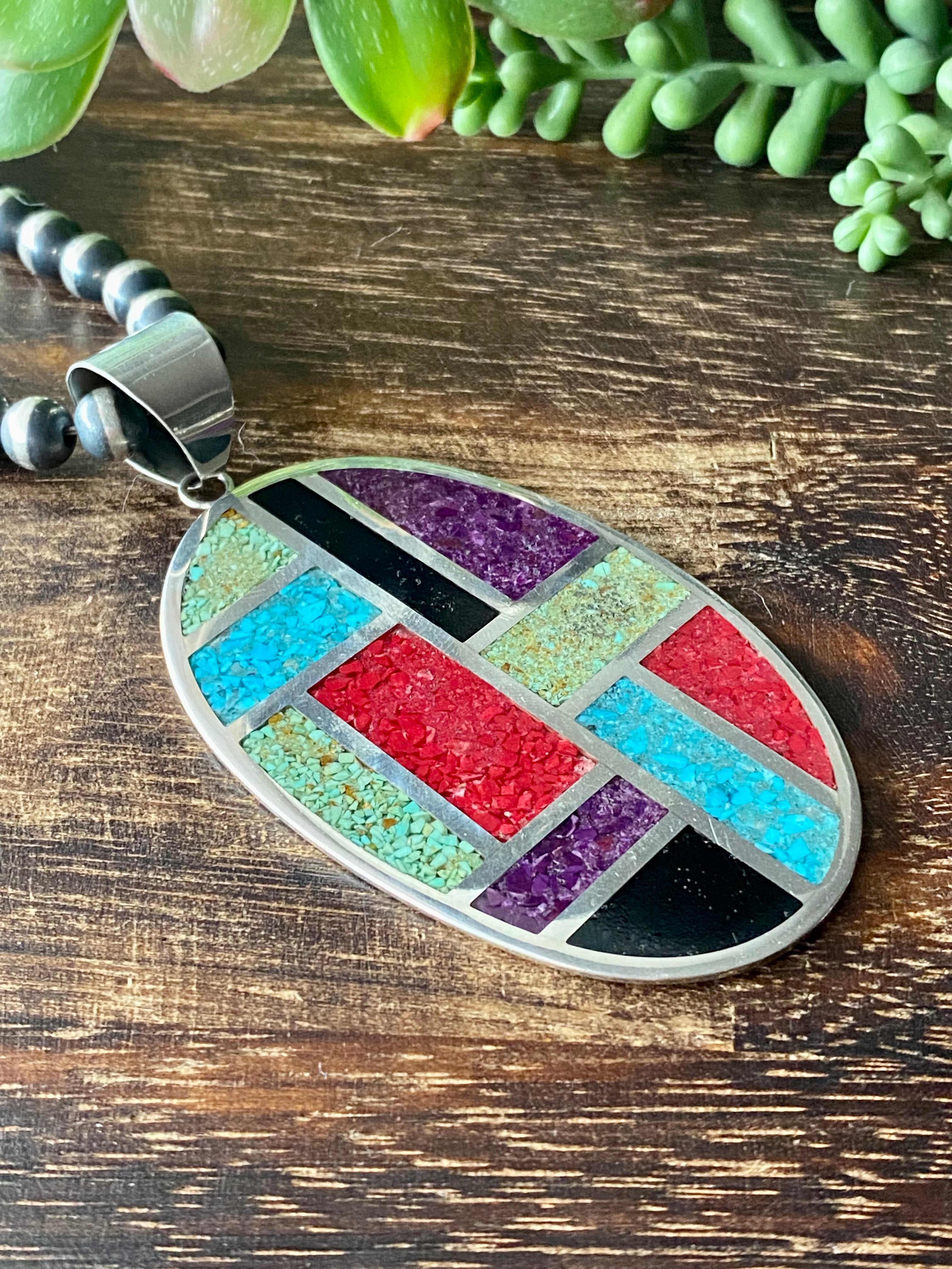 Leslie Nez Multi Stone & Sterling Silver Inlay High Grade Flake Pendant