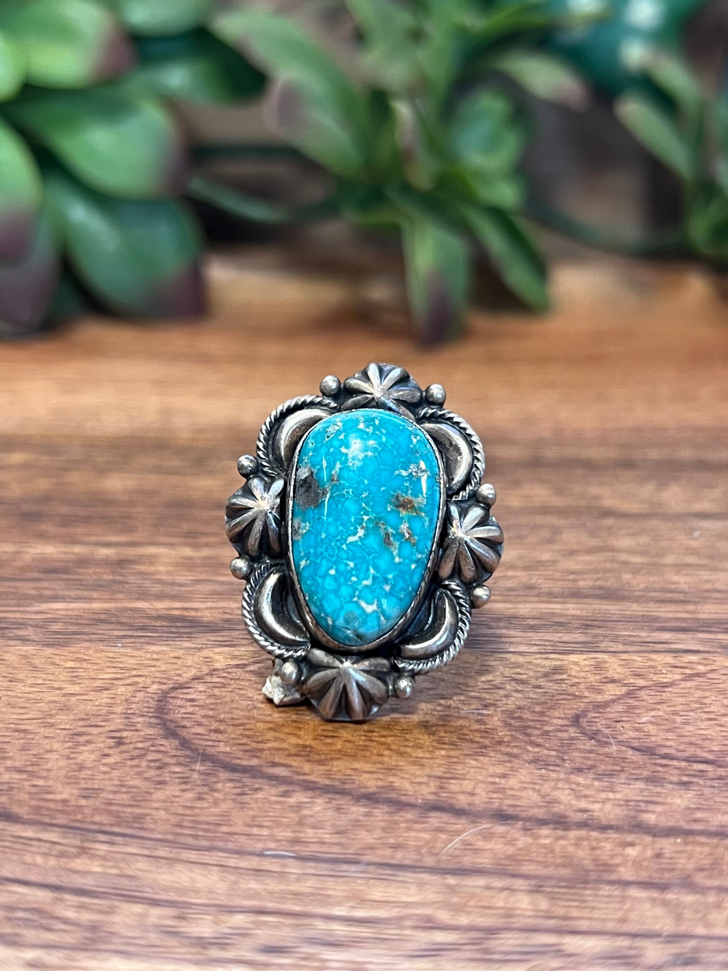 Navajo Kingman Turquoise & Sterling Silver Ring Size 8