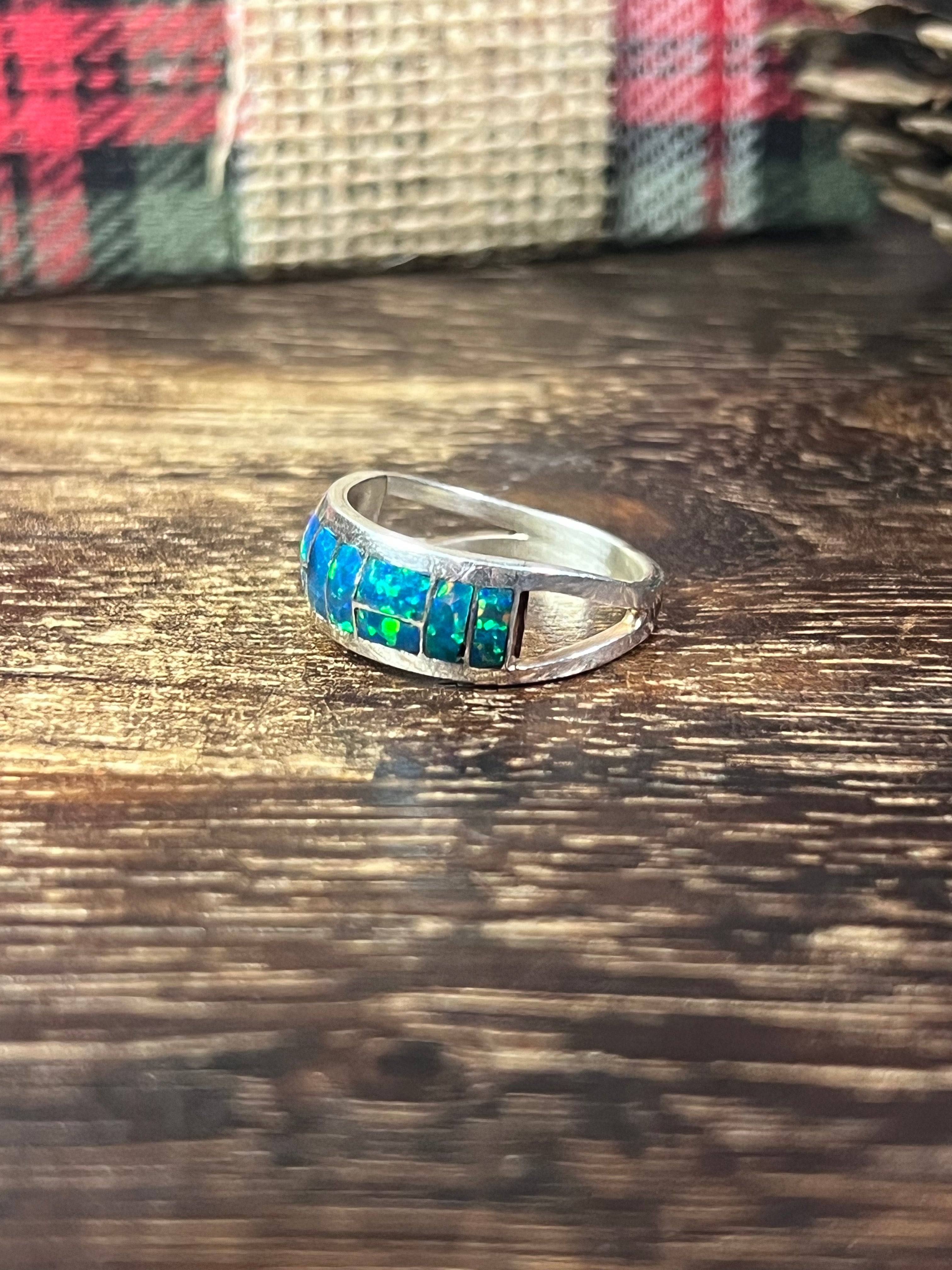 Navajo Made Green/Blue Opal (Man Made) & Sterling Silver Ring Size 8.75