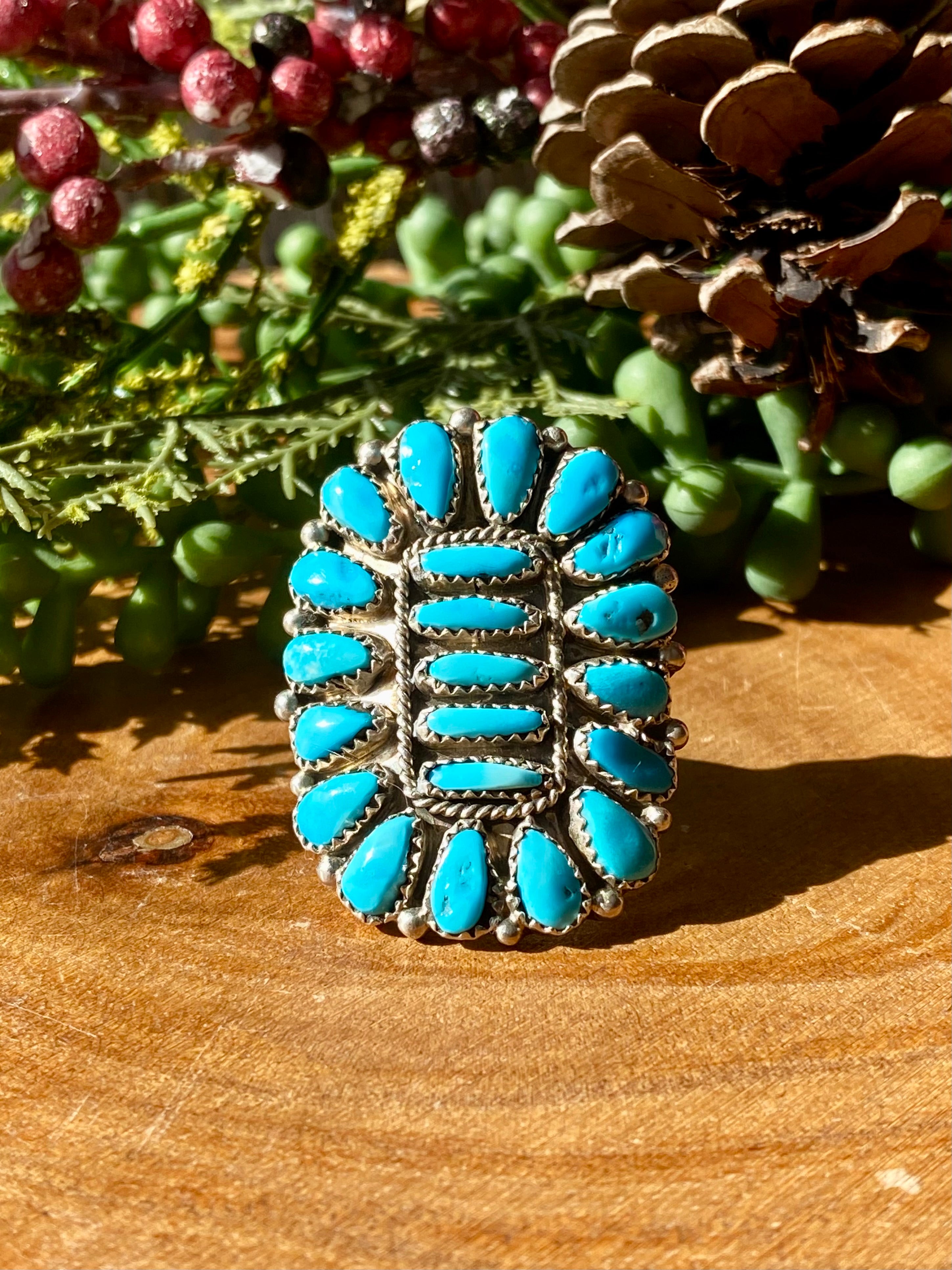 Jerry & Wilma Begay High Grade Turquoise & Sterling Silver Cluster Ring Size 9.5