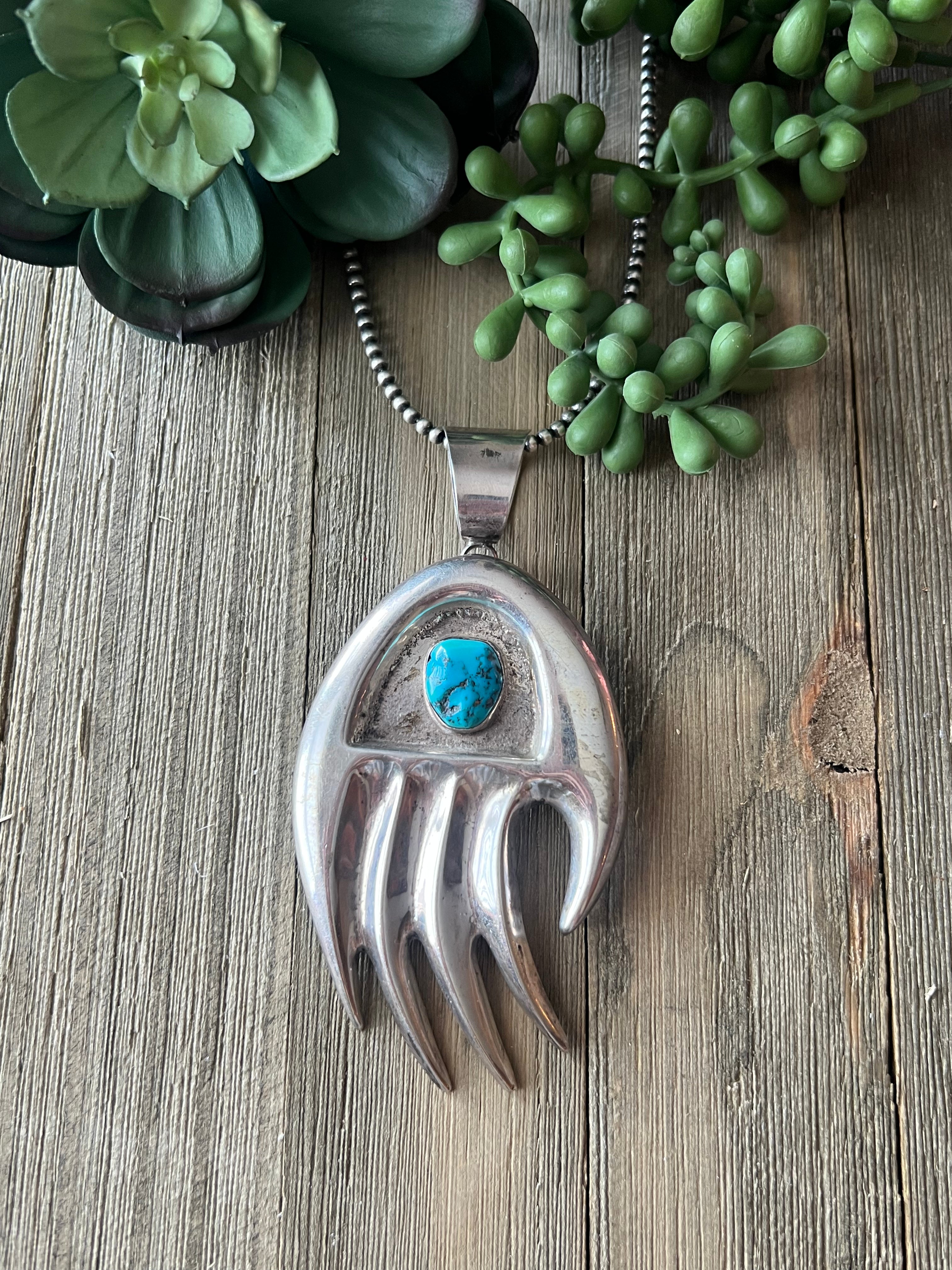 Navajo Made Kingman Turquoise & Sterling Silver Claw Pendant