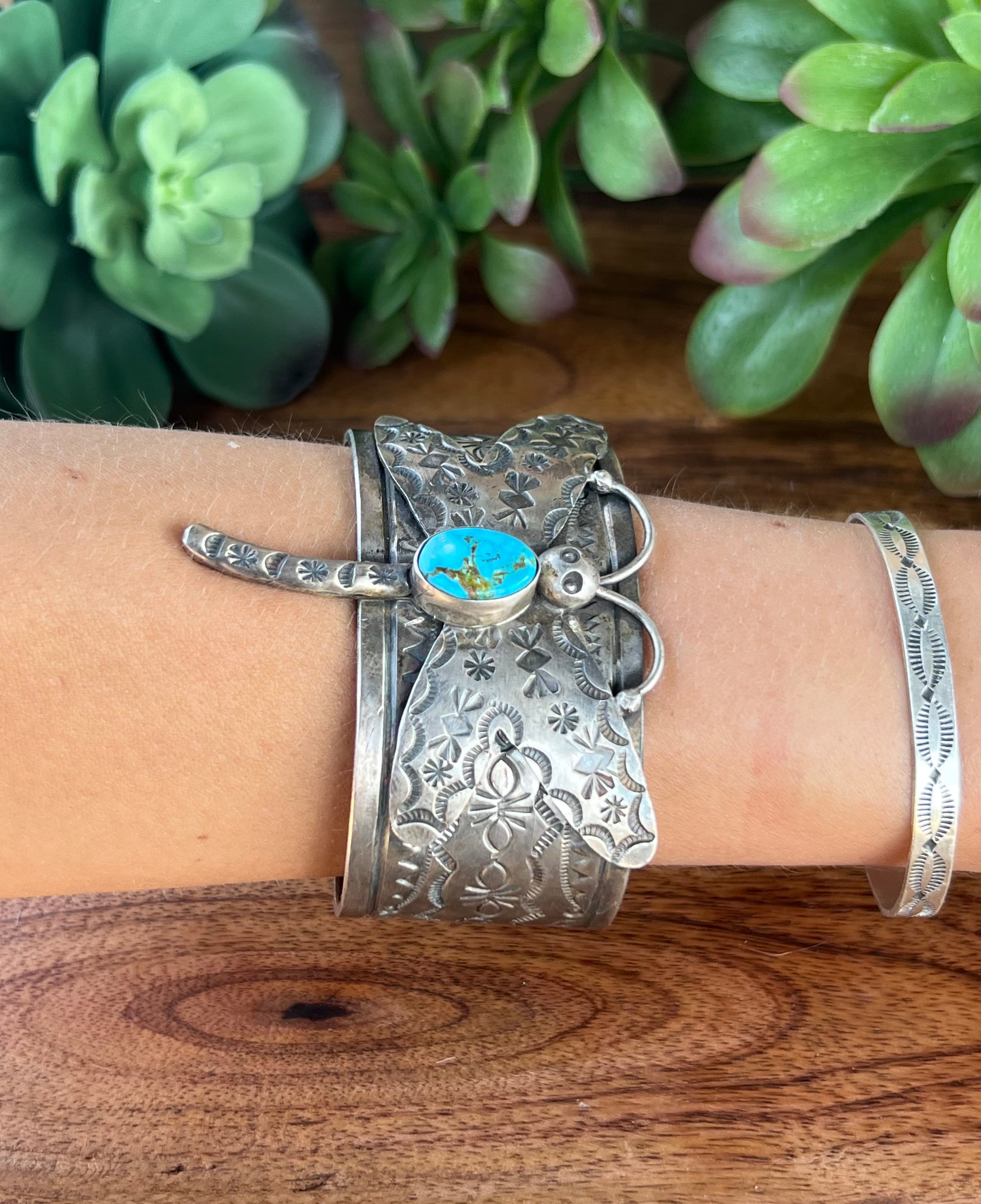 Bobby Johnson Kingman Turquoise & Sterling Silver Dragonfly Cuff Bracelet