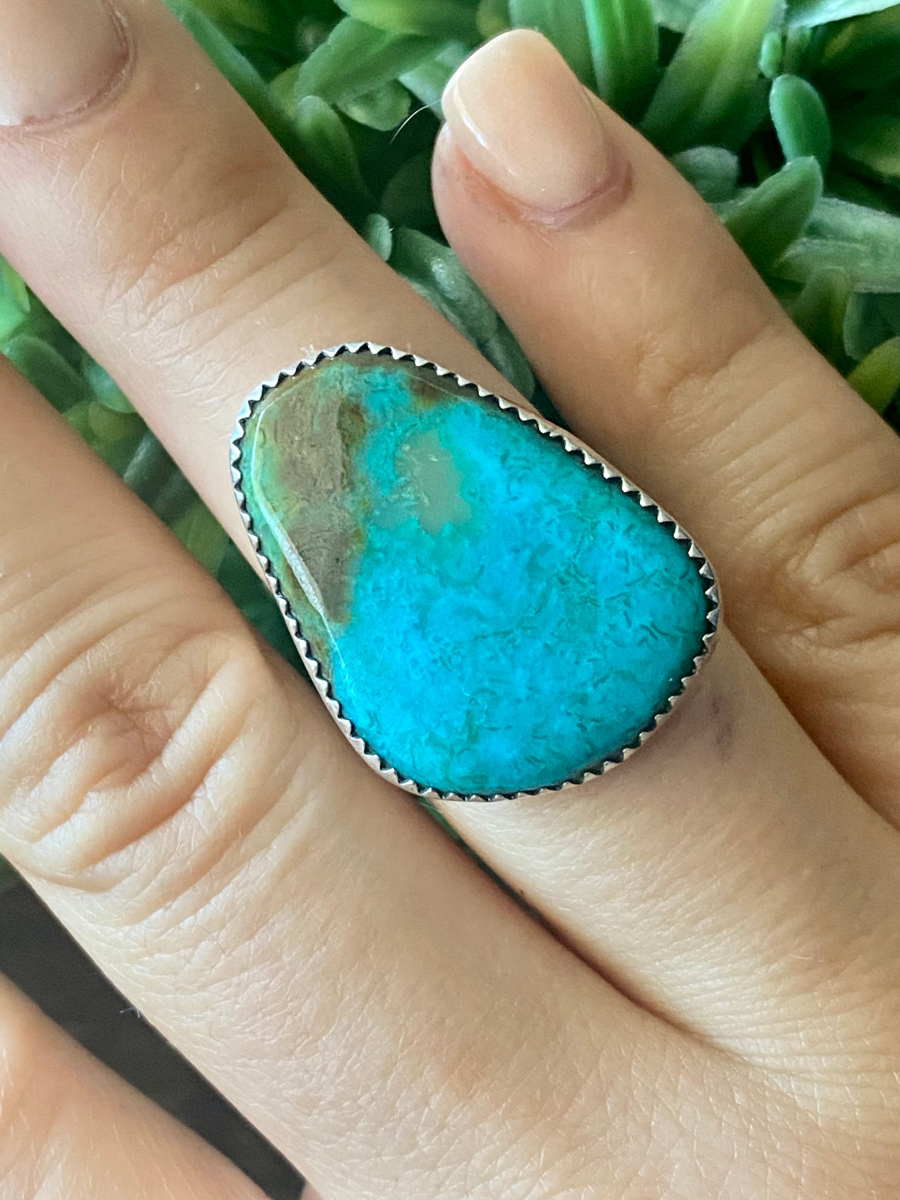 Leslie Nez Kingman Turquoise & Sterling Silver Ring Size 7.75