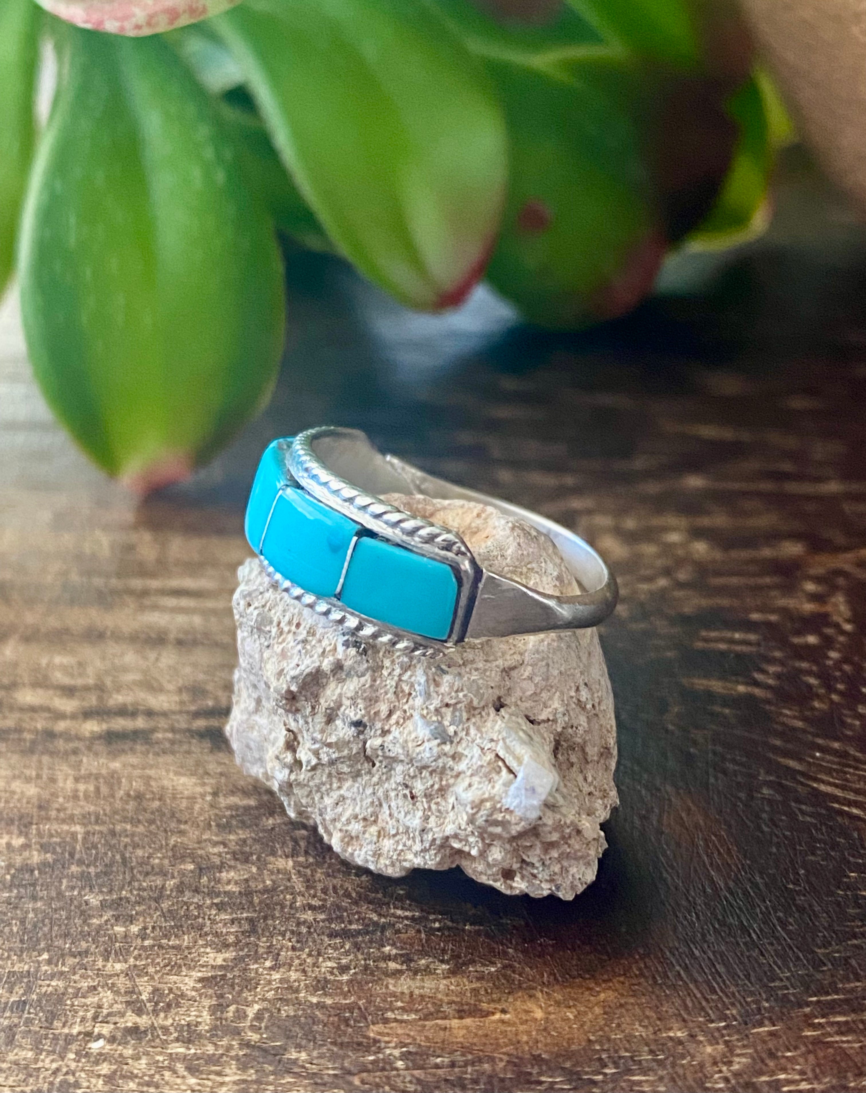 Navajo Made Turquoise & Sterling Silver Inlay Ring Size