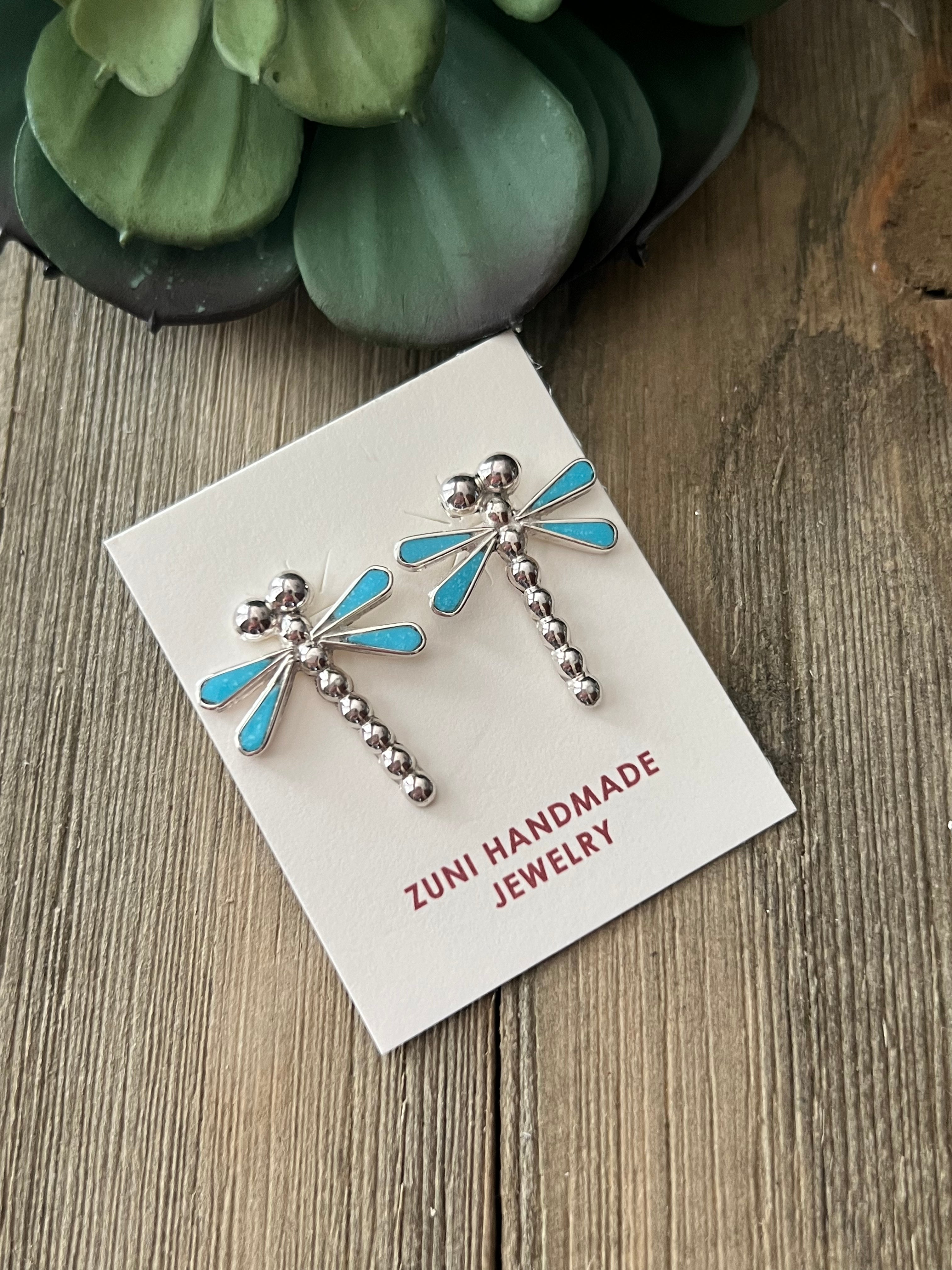 Joann Cooayate Sterling Silver Inlay Dragonfly Post Dangle Earrings