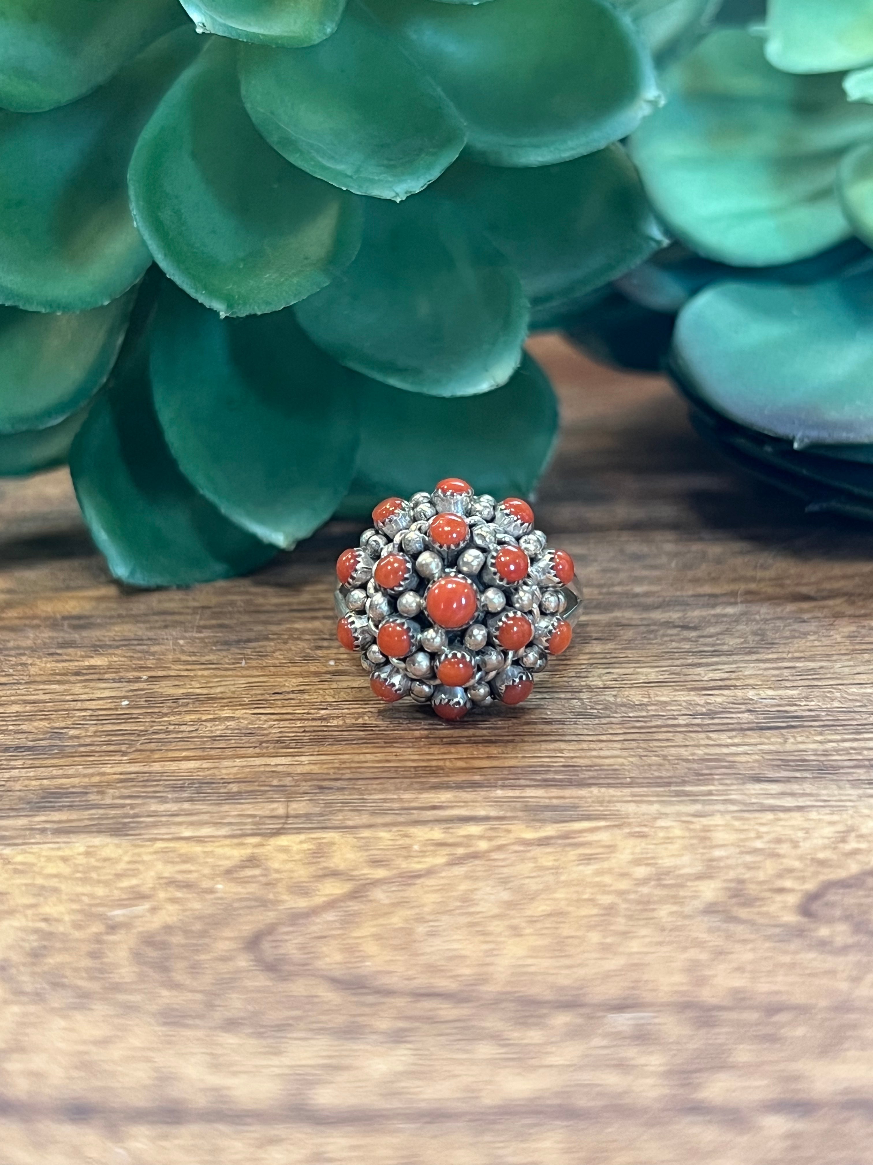 Zuni Coral & Sterling Silver Petit Point Ring Size 6.5