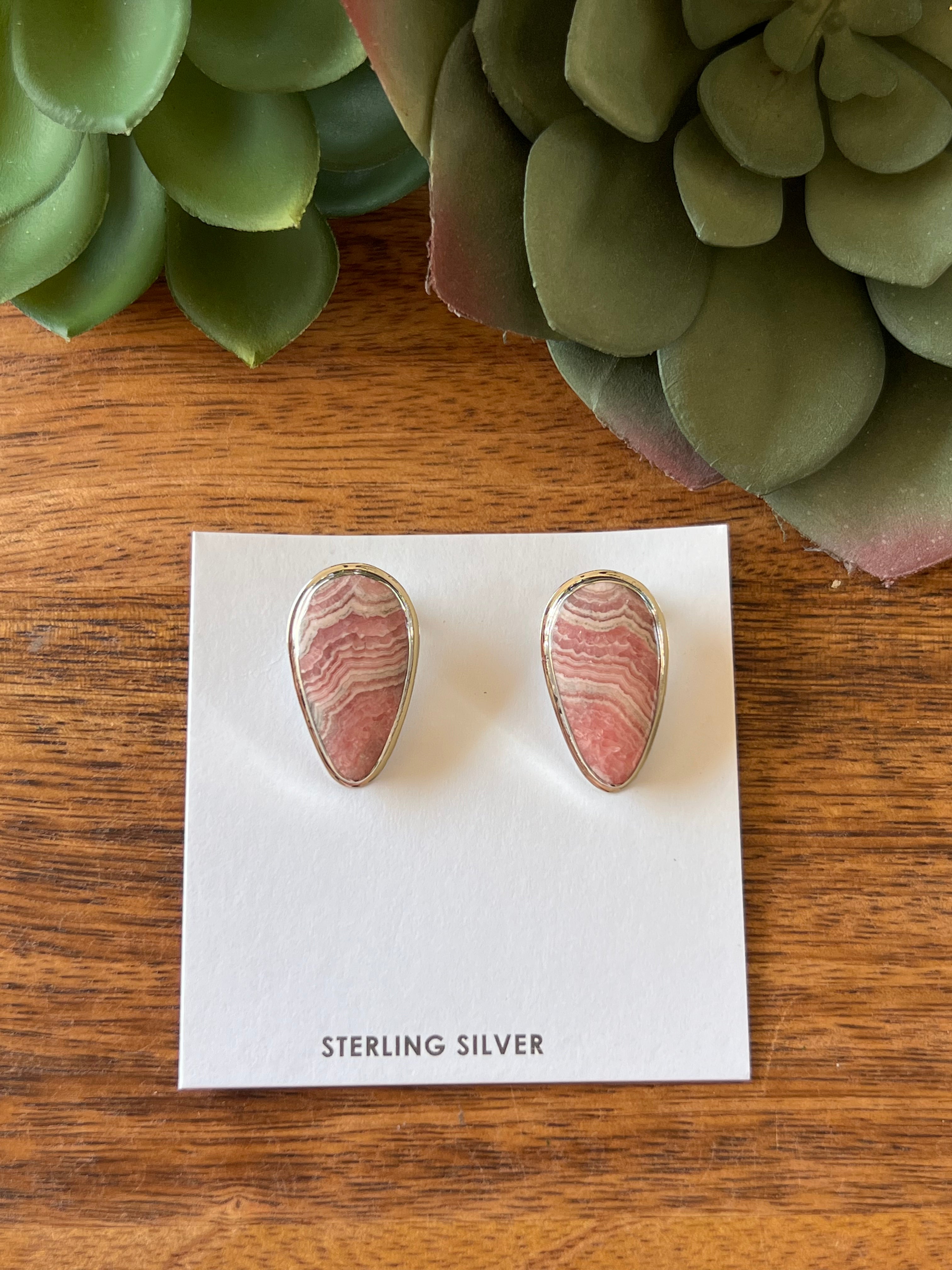 Navajo Made Rhodochrosite  & Sterling Silver Clip On Earrings