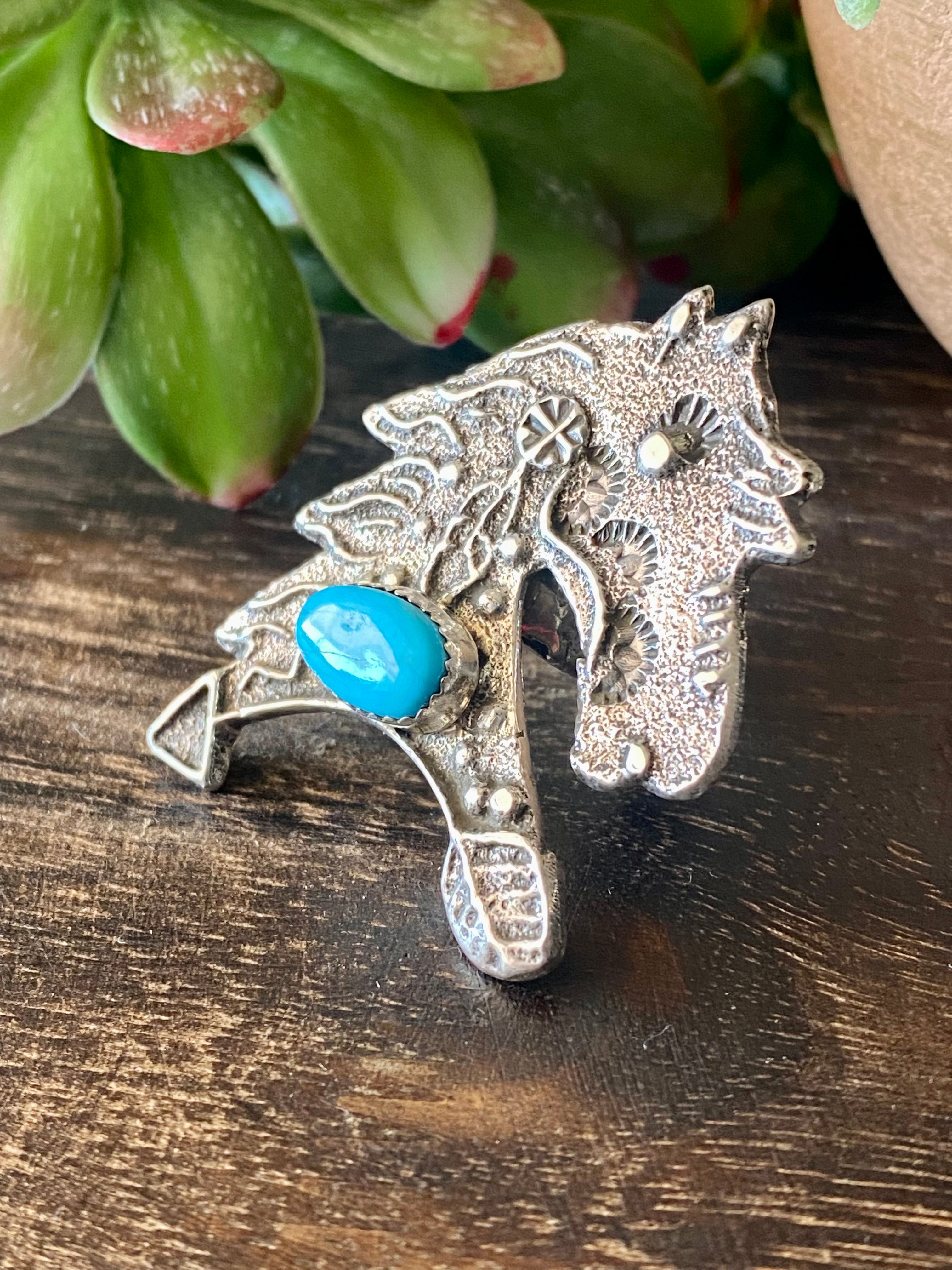 Delbert Arviso Kingman Turquoise & Sterling Silver Tufa Cast Horse Ring Size 9.75