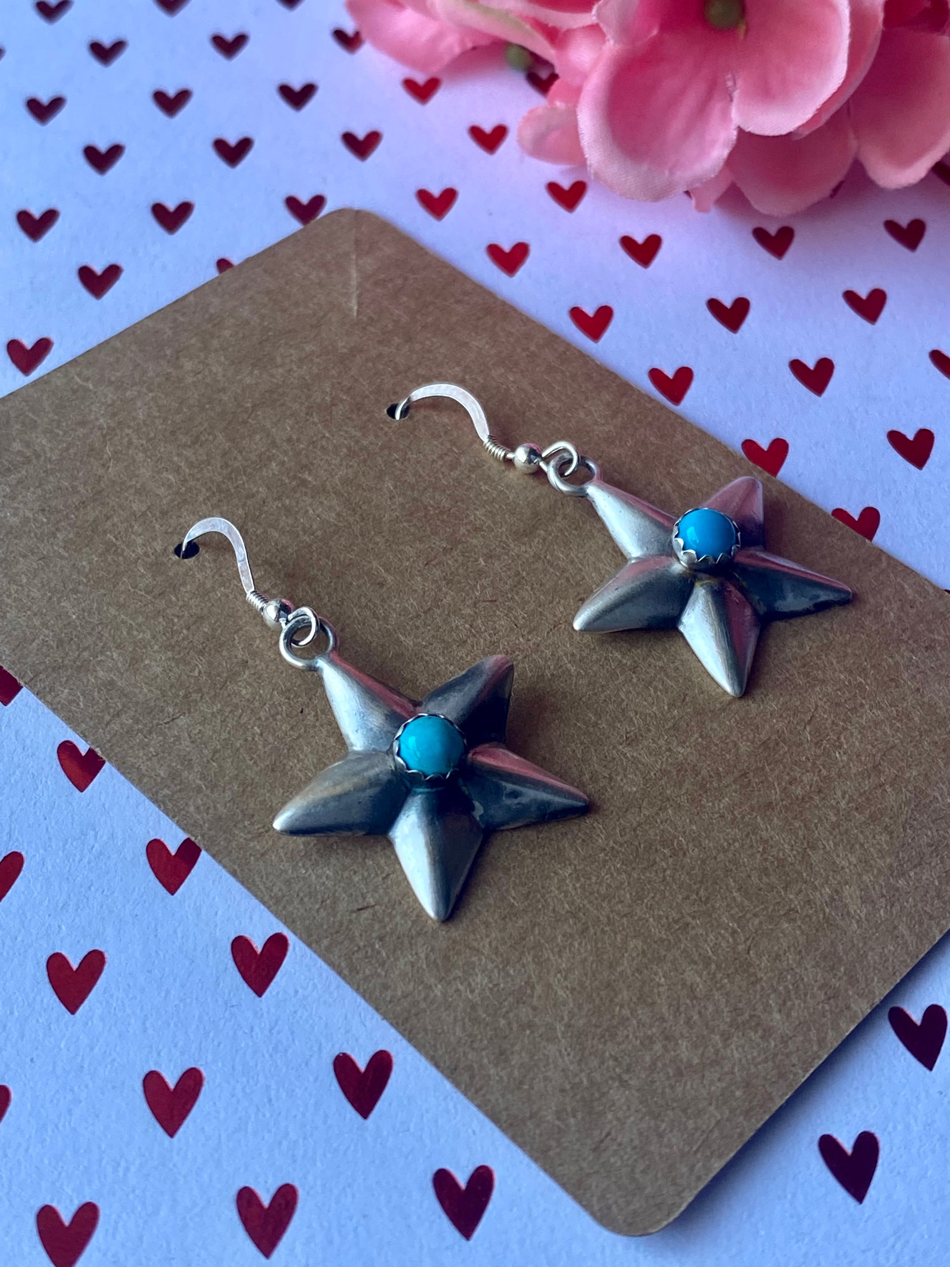 Navajo Made Kingman Turquoise & Sterling Silver Star Dangle Earrings