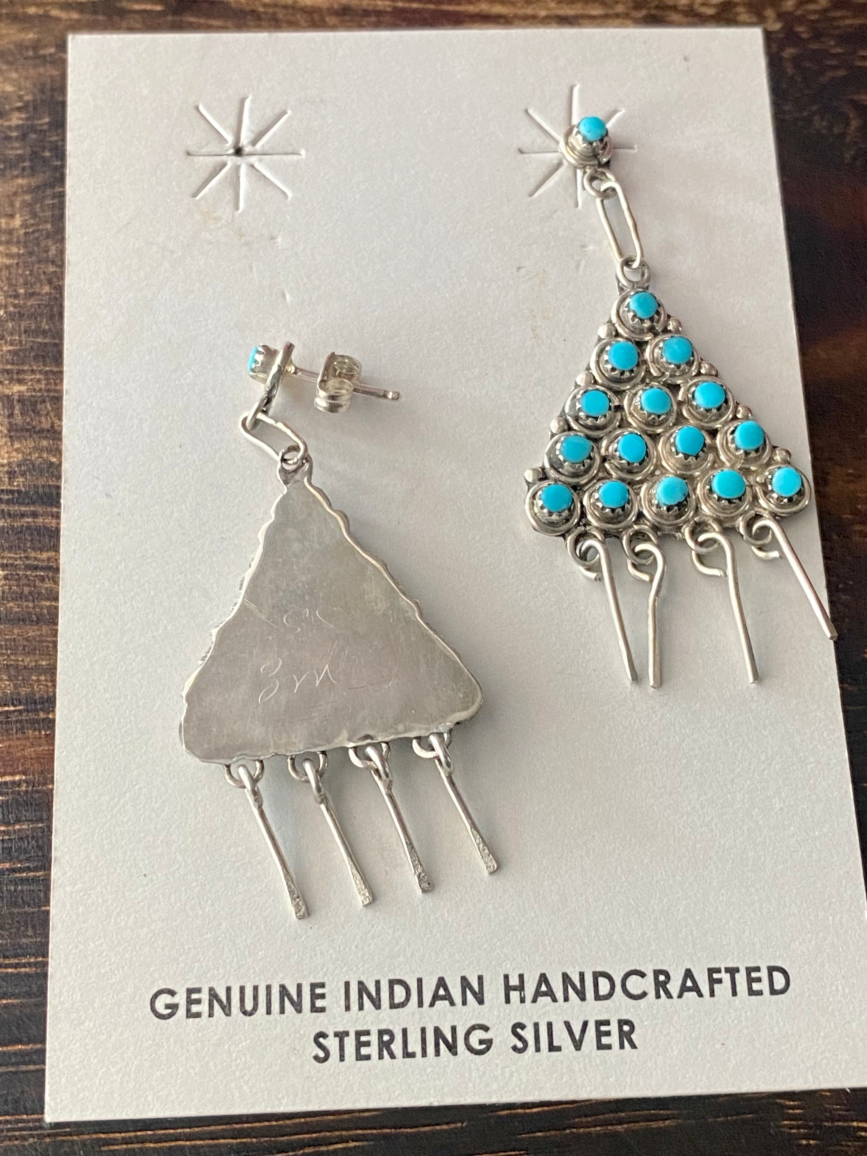 Zuni Made Turquoise & Sterling Silver Pettit Point Post Dangle Earrings