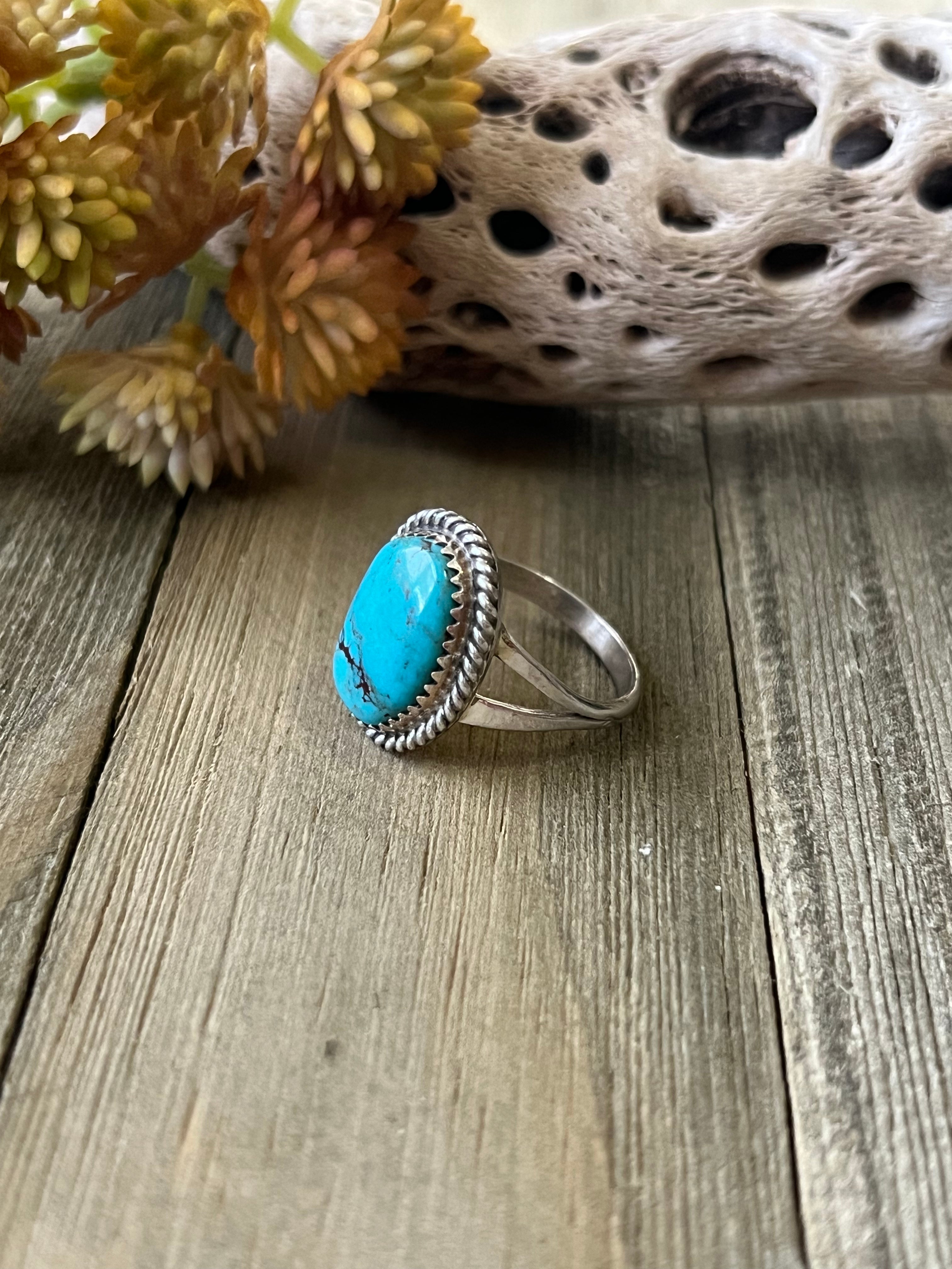 Navajo Made Kingman Turquoise & Sterling Silver Ring Size 8.75