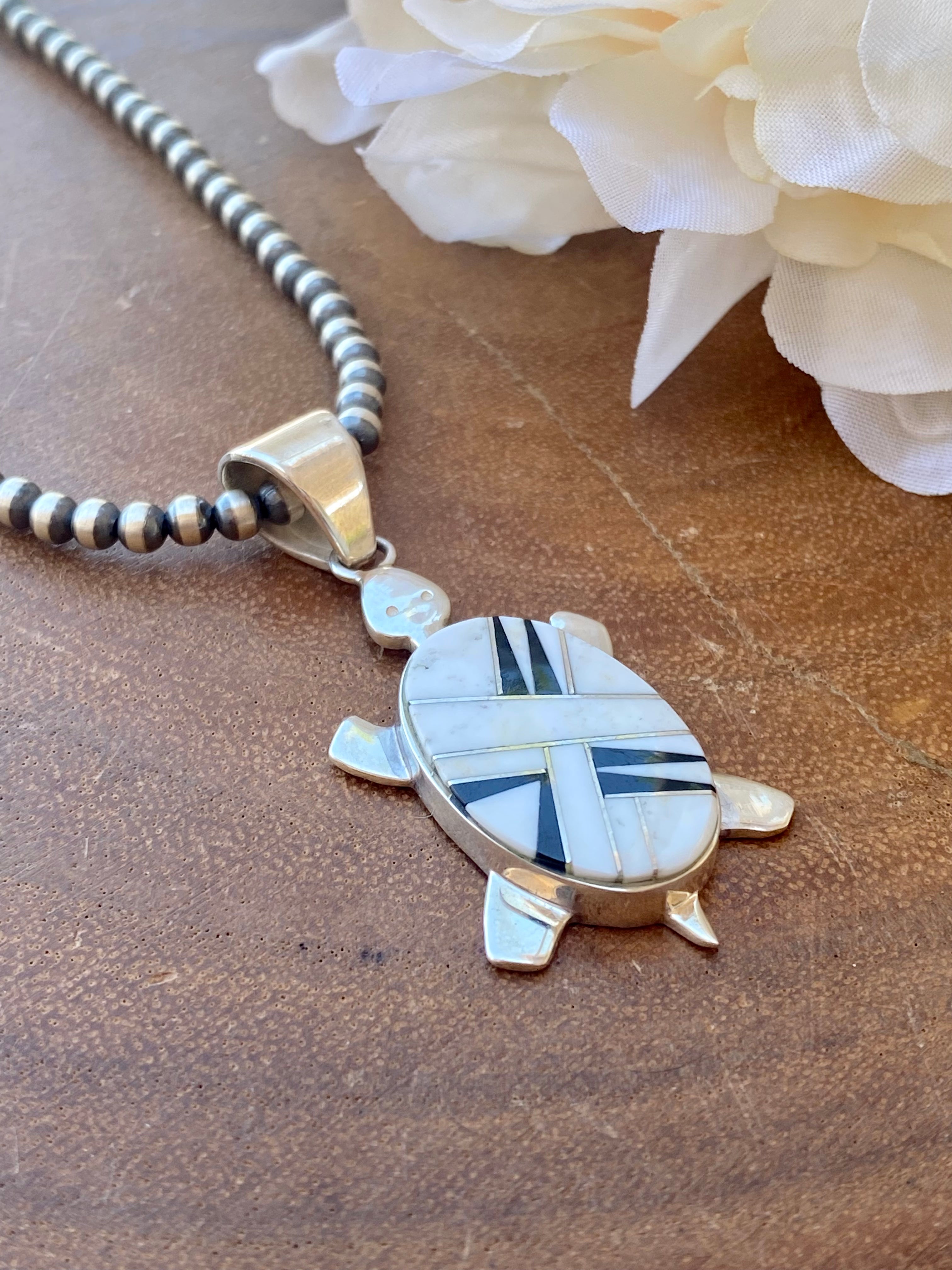 Navajo Made Multi Stone & Sterling Silver Inlay Turtle Pendant