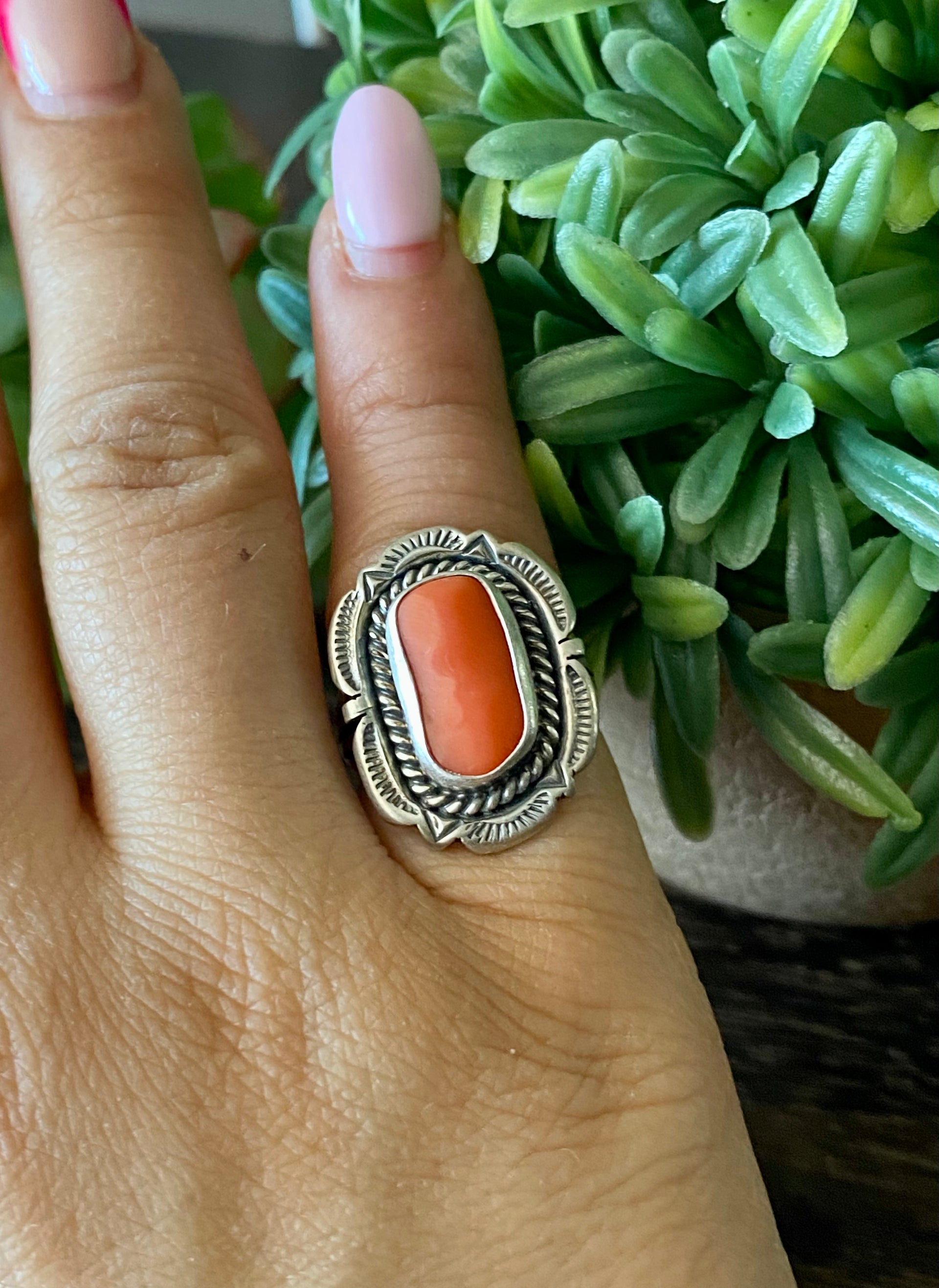 Navajo Made Coral & Sterling Silver Ring Size 6.25