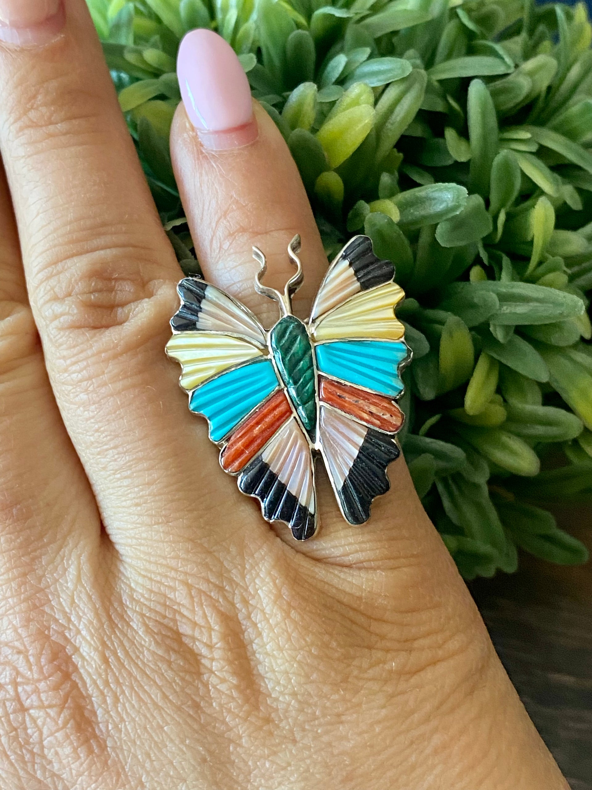 Tamara Pinto Multi Stone & Sterling Silver Inlay Butterfly Ring Size 5
