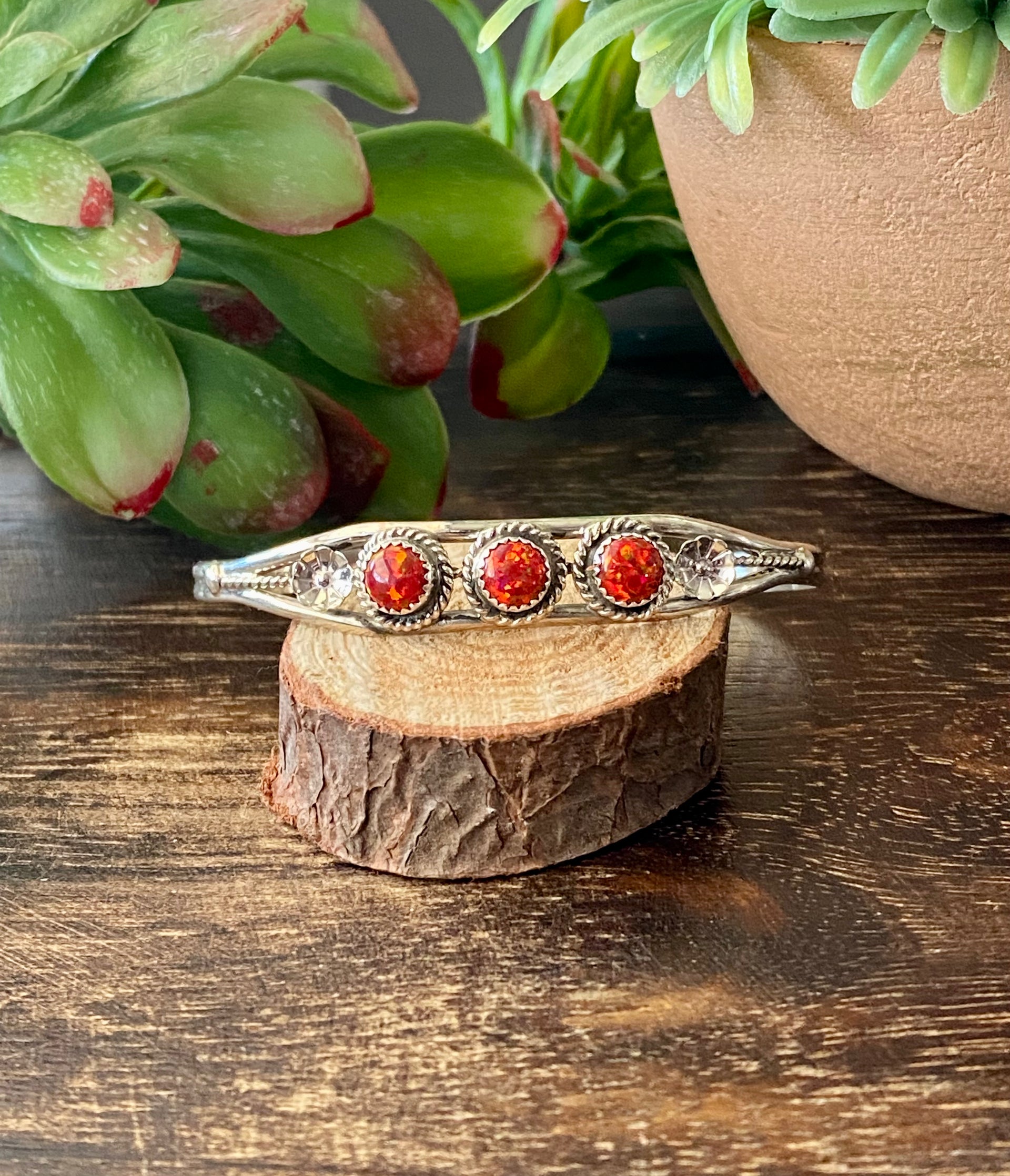 Navajo Made Red Opal & Sterling Silver Cuff Bracelet
