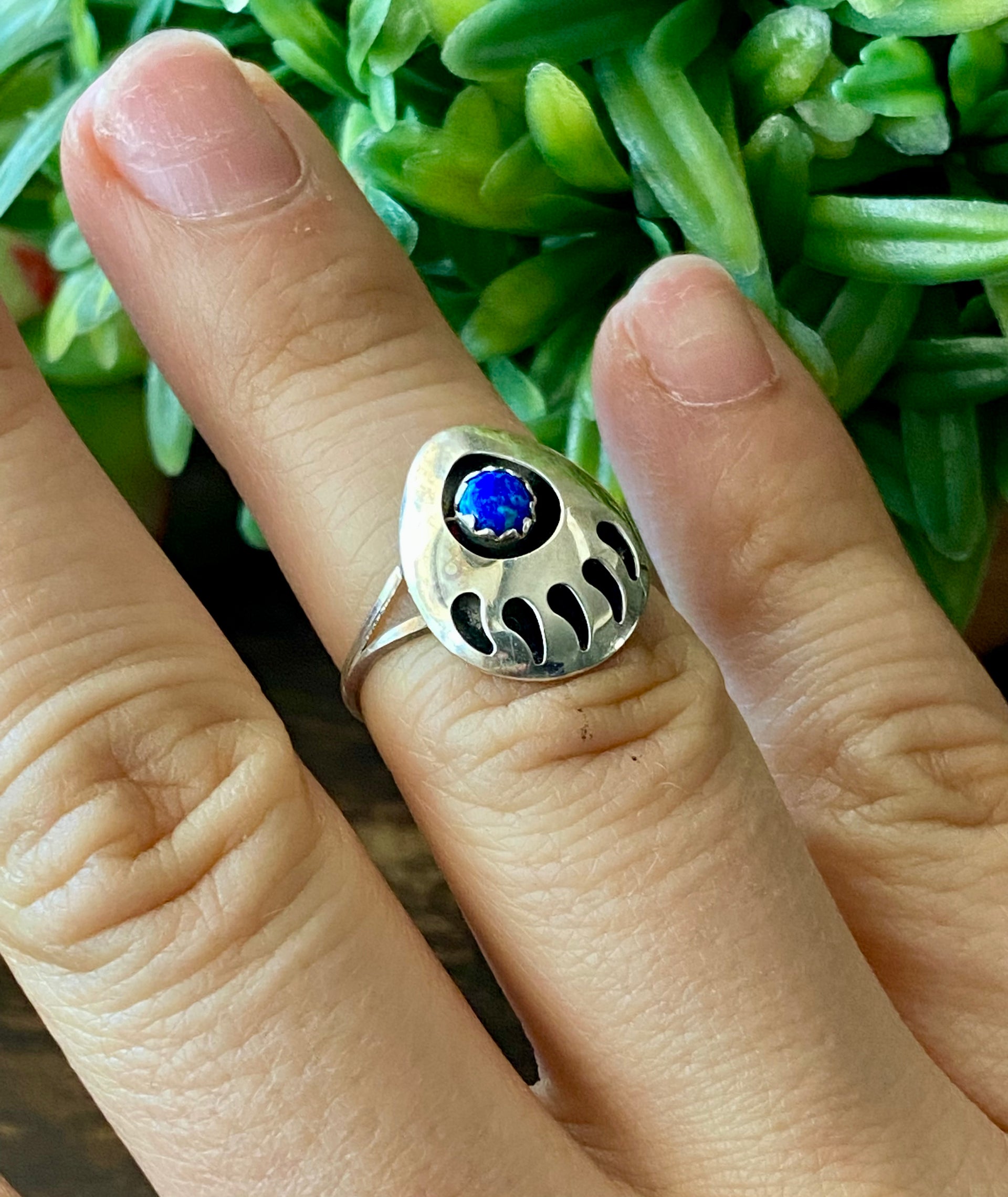 Navajo Made Blue Opal & Sterling Silver Bear Claw Ring Size 6.5