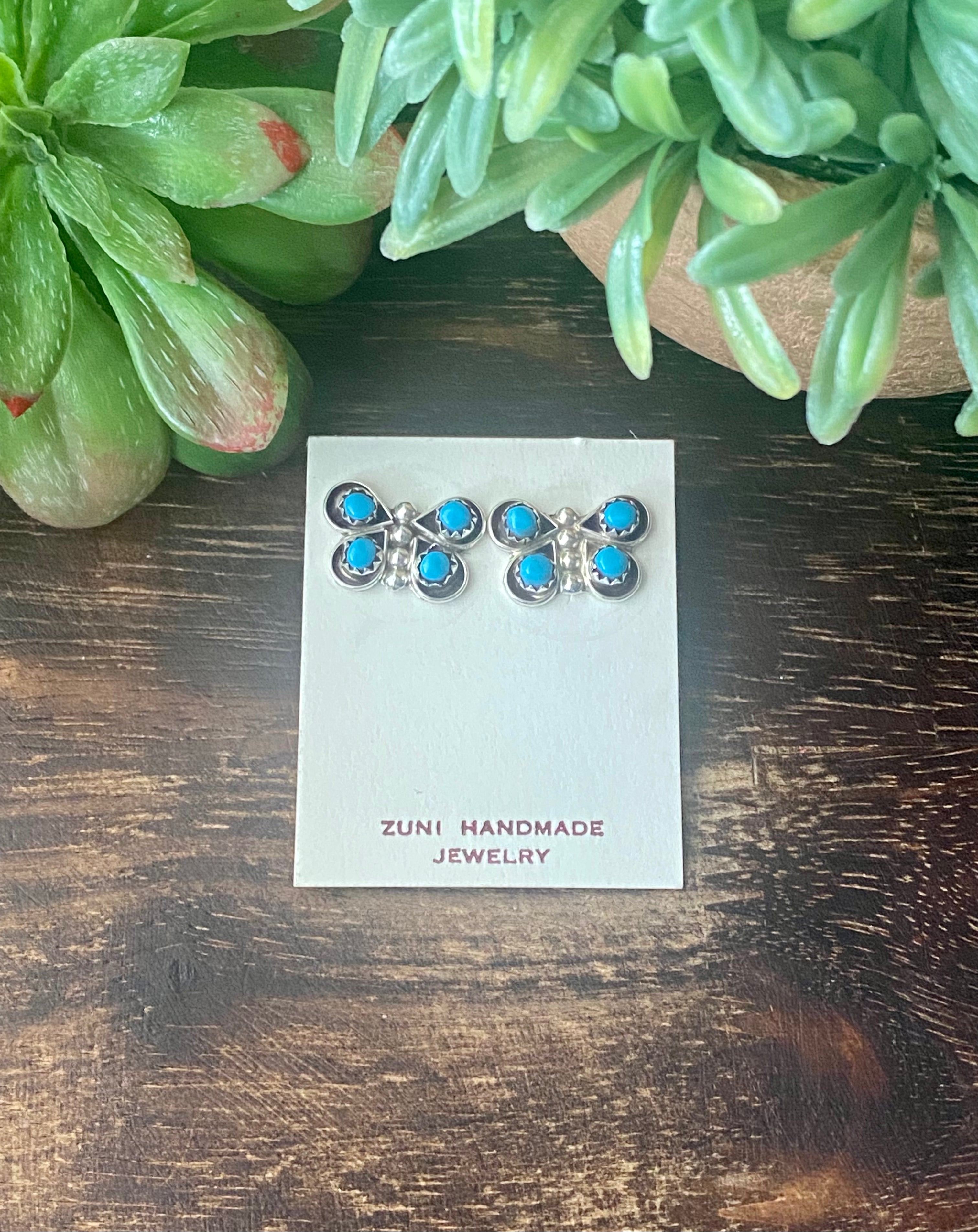 Zuni Made Kingman Turquoise & Sterling Silver Butterfly Post Earrings