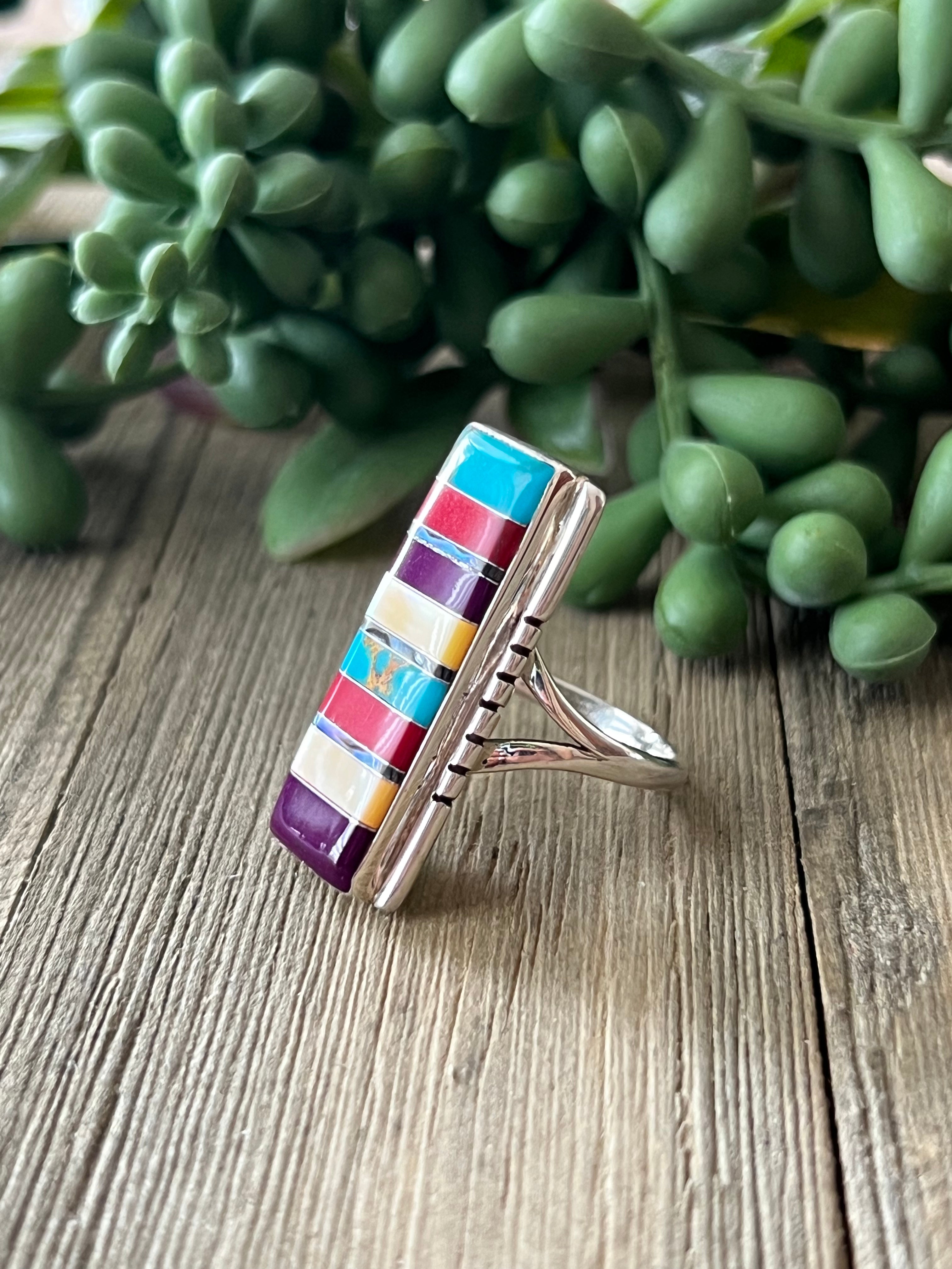 Southwest Made Multi Stone & Sterling Silver Inlay Ring Size 7