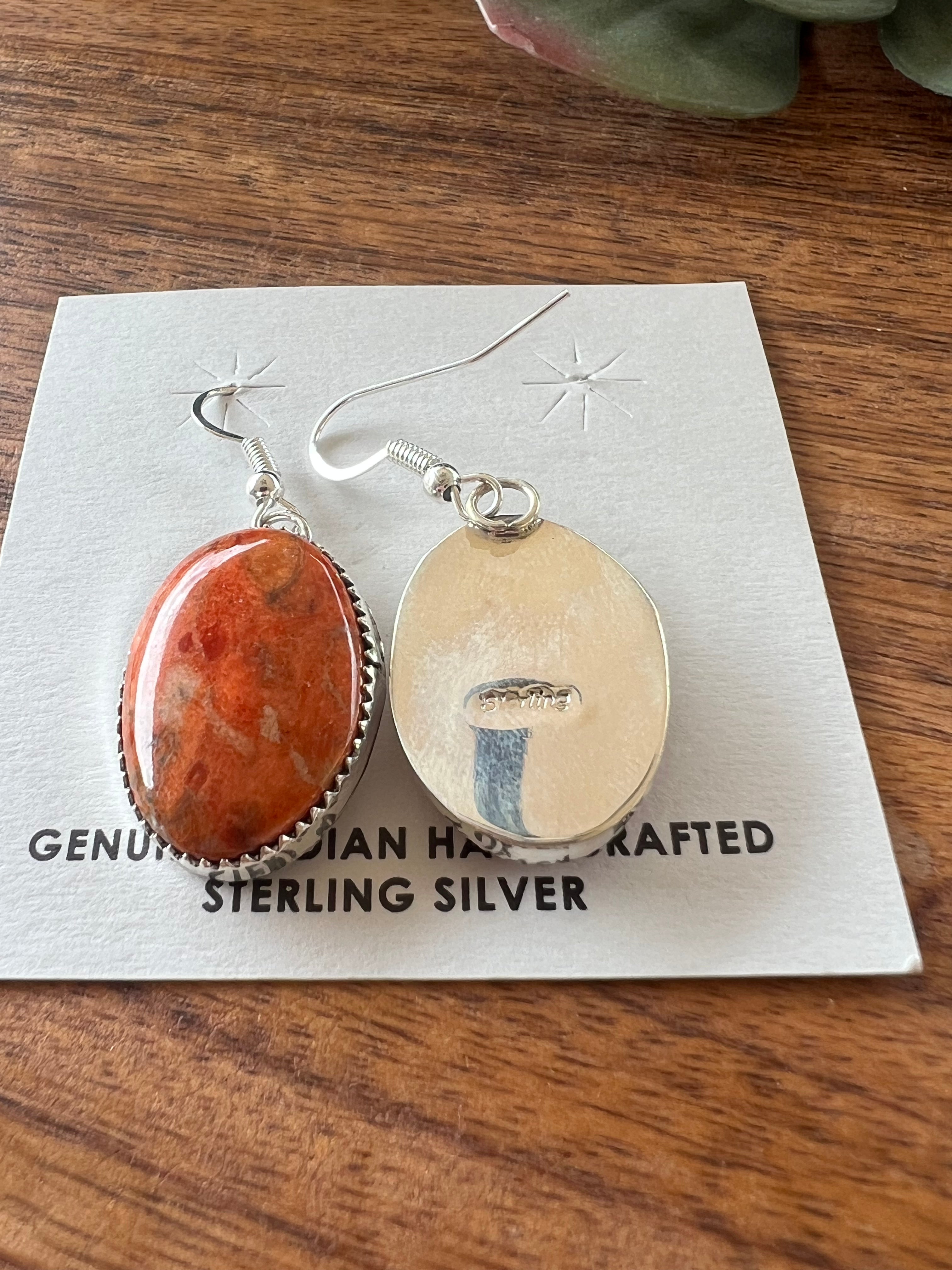 Navajo Made Apple Coral & Sterling Silver Dangle Earrings