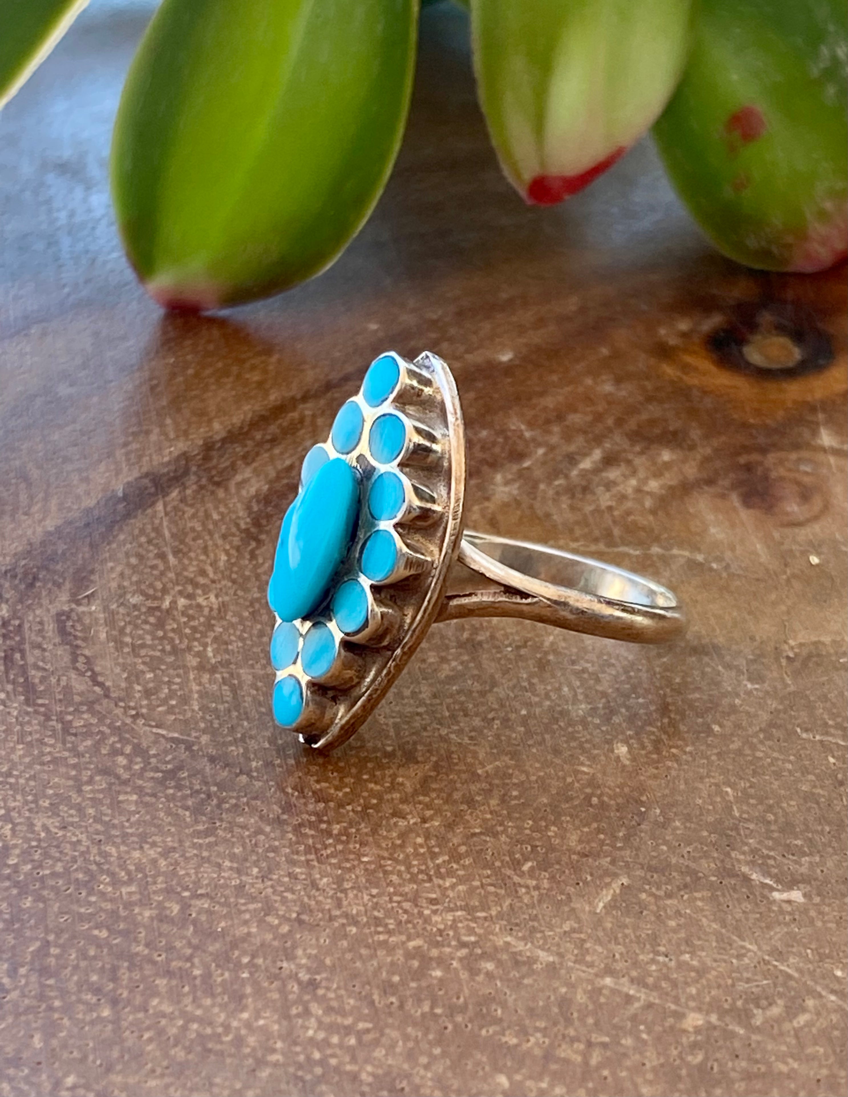 Zuni Made Turquoise & Sterling Silver Inlay Ring Size 8.25