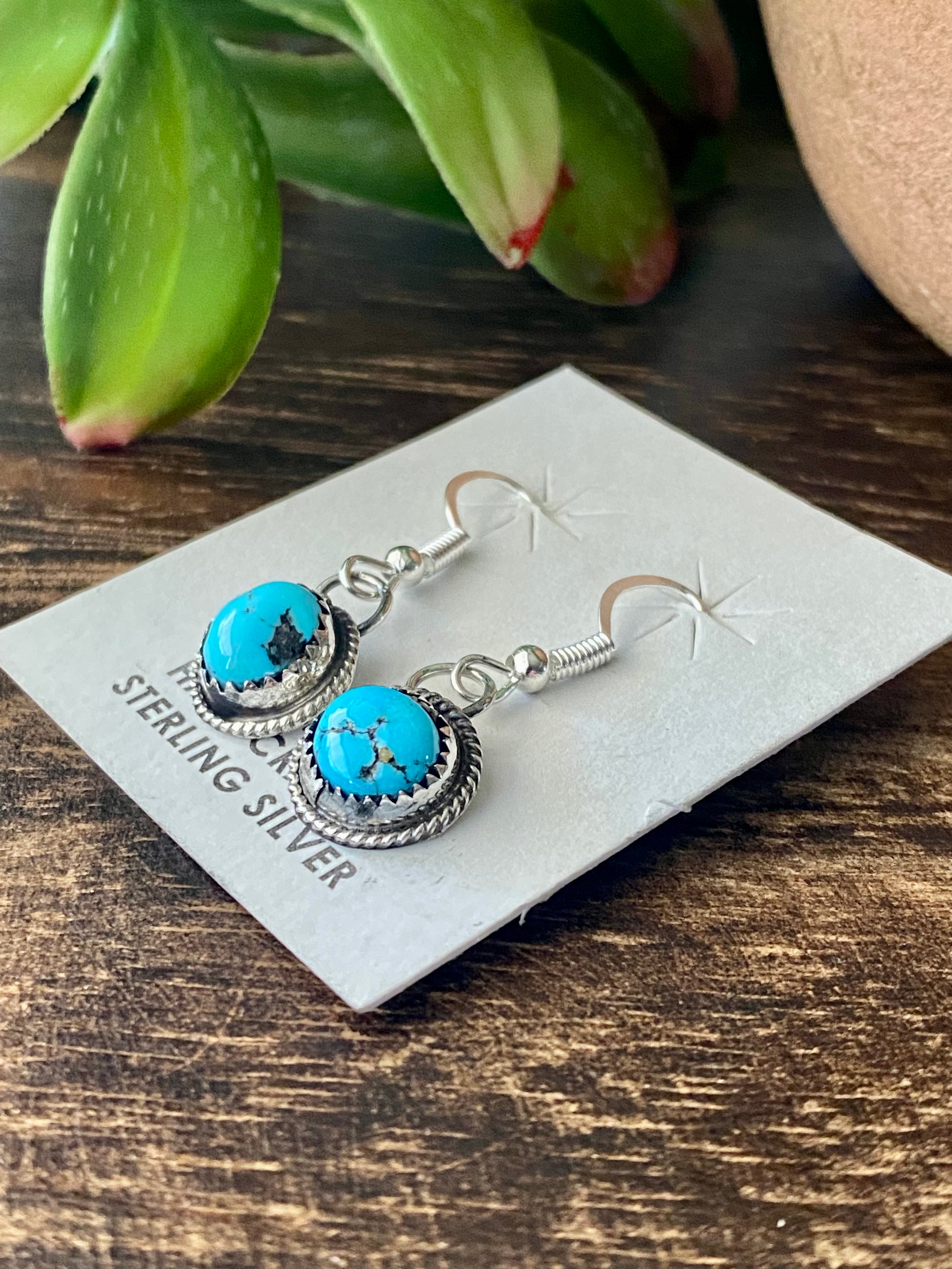 Navajo Made Kingman Turquoise & Sterling Silver Dangle Earrings