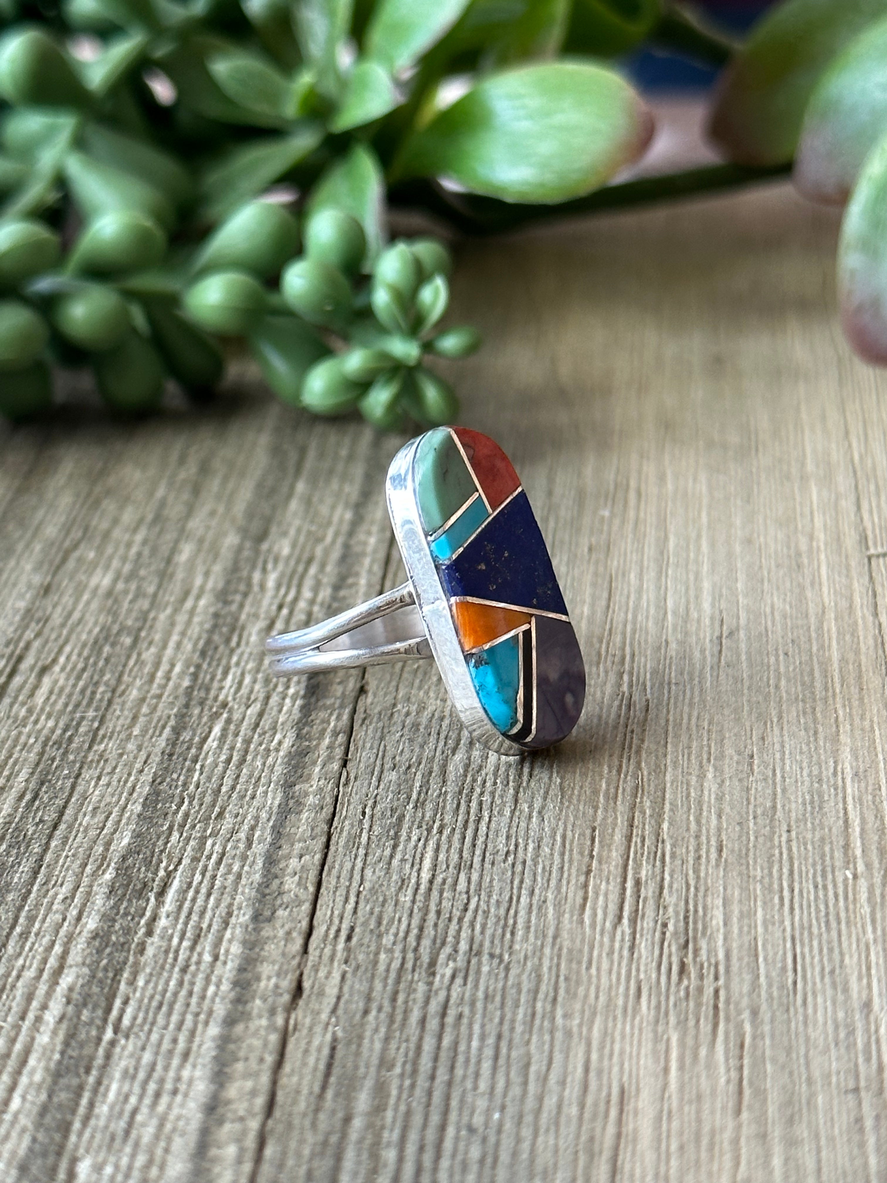 Navajo Made Multi Stone & Sterling Silver Inlay Ring Size 7.25